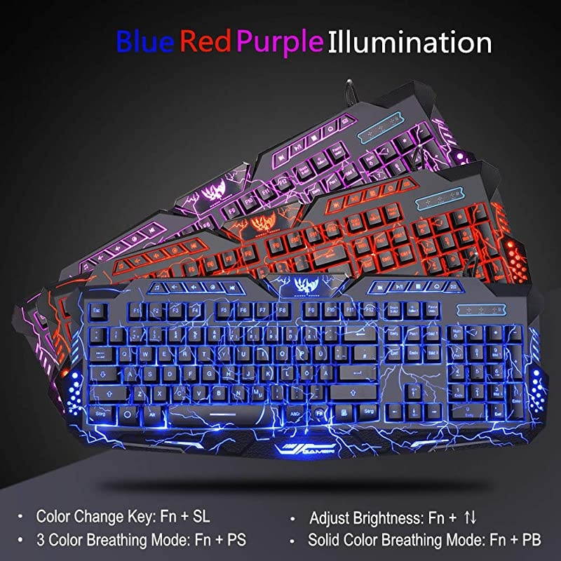 Gaming Keyboard and Mouse,USB Wired Backlit Gaming Mouse and Keyboard Combo,Letters Glow, 3 Color Crack Backlit,Illumination Keyboard and Mouse Set for Game and Work