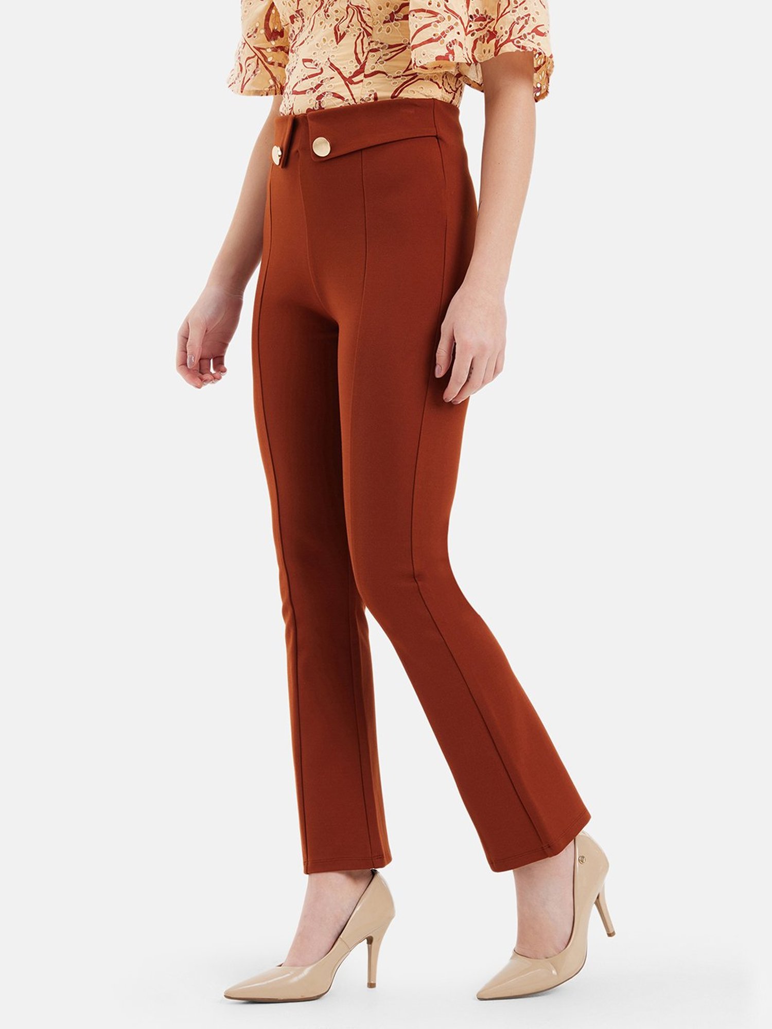 Kazo Rust Straight Fit High Rise Trousers