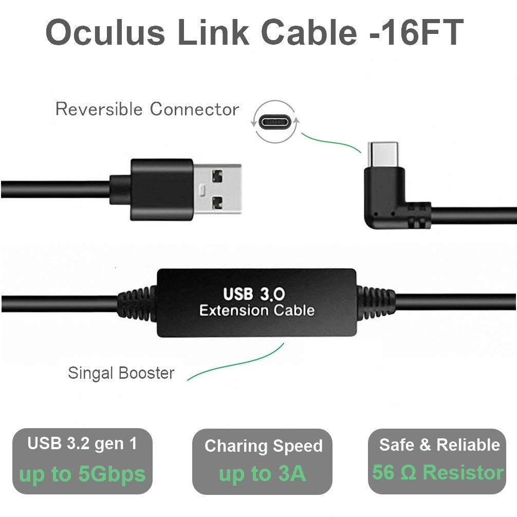 Quest Link Cable 16ft, Oculus Link Cable with Signal Booster, Streaming VR Game & Fast Charging USB C 3.0 Cable Compatible for Oculus Quest Headset and Gaming PC (16 Feet/ 5M)
