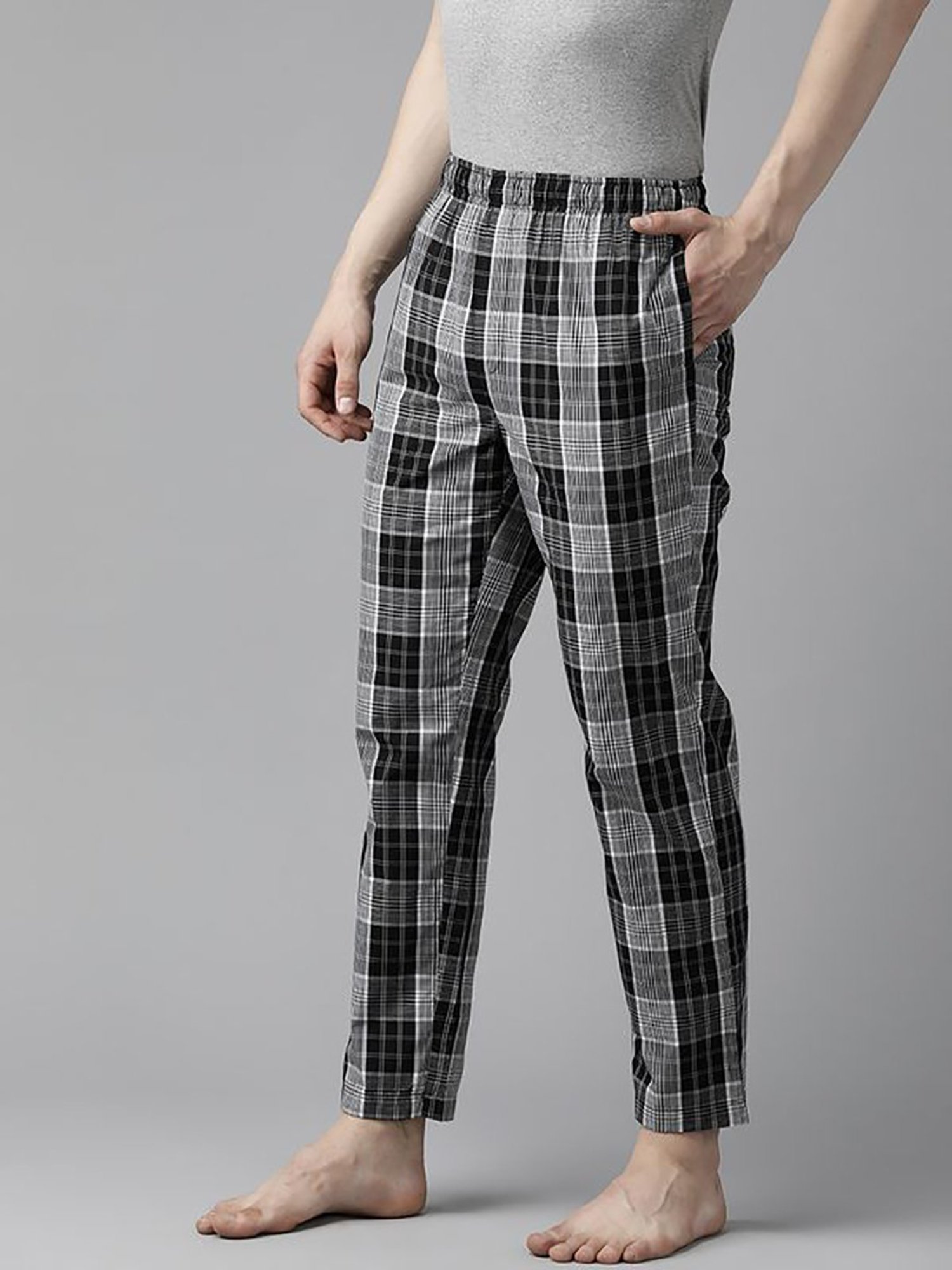 English Navy Grey Cotton Regular Fit Checks Lounge Pants