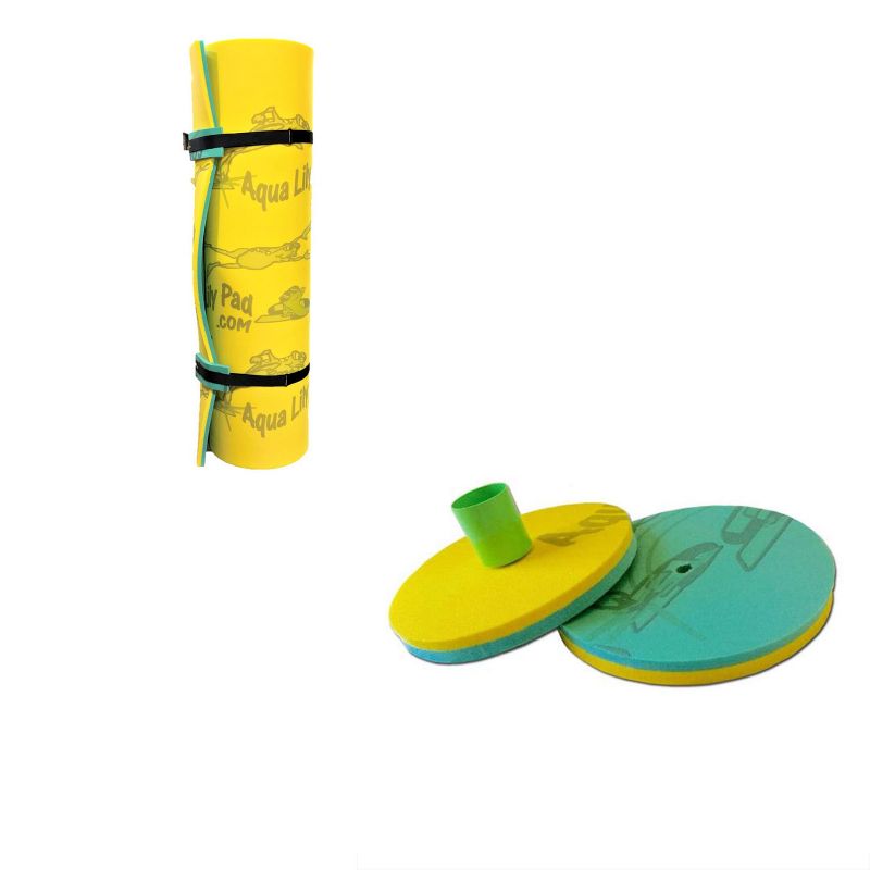 Aqua Lily Pad Water Mat Playground Swimming Pool Float Foam Pad & 2 Reversible Floating Beverage Drinks Caddies, Yellow/Teal