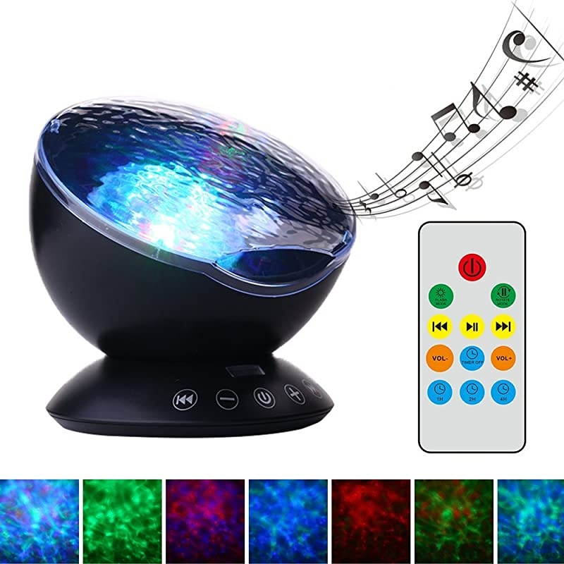 Mermaid Decor Remote Control Night Light Ocean Wave Projector 7 Colorful Ceiling Mood Lamp with Bulitin Speaker Music Player for Baby Adults Bedroom Living Room Black