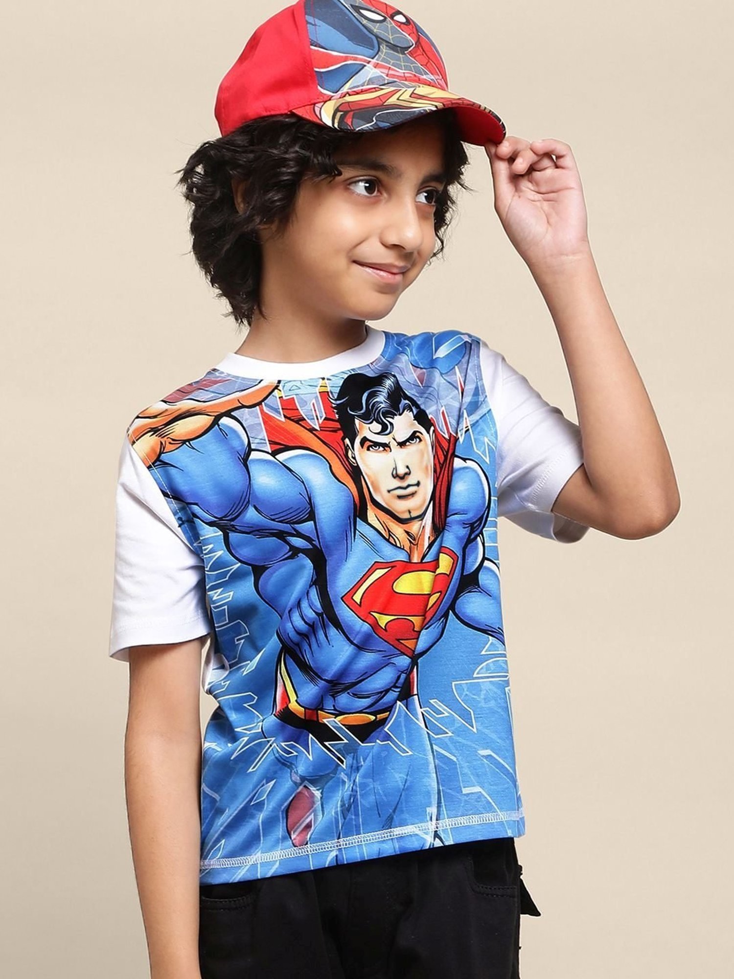 Kidsville Blue & White Cotton Printed Superman T-Shirt