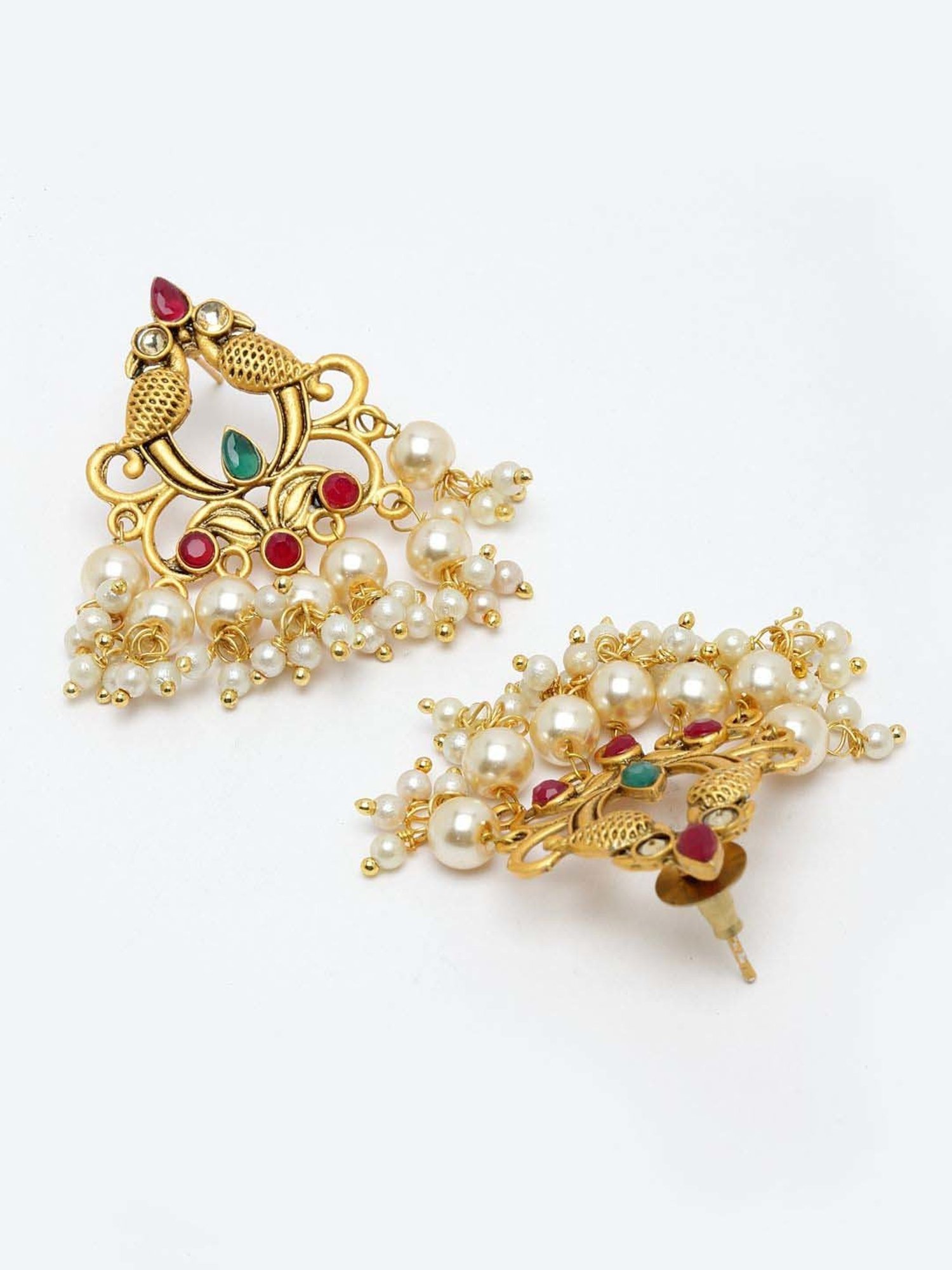 Panash Gold-Plated Red & Green Beads Peacock Shaped Pearl Stud Earrings