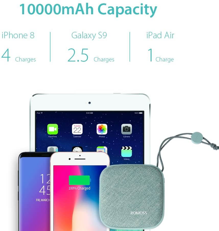 ROMOSS Style Power Bank 10,000mAh, Candybox 2.1A Dual USB Fabric Portable Charger with Hanging Ring Compatible for iPhone X, Samsung Galaxy S9 and More (Candy Green)