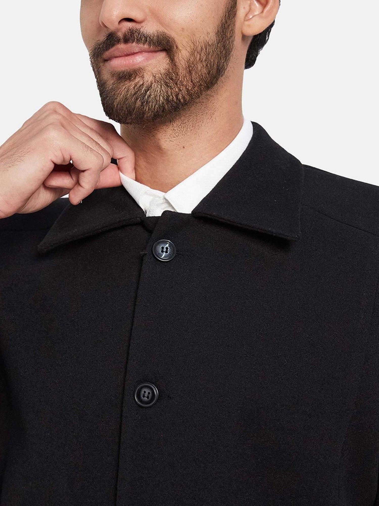 METTLE Black Regular Fit Shirt Collar Overcoat