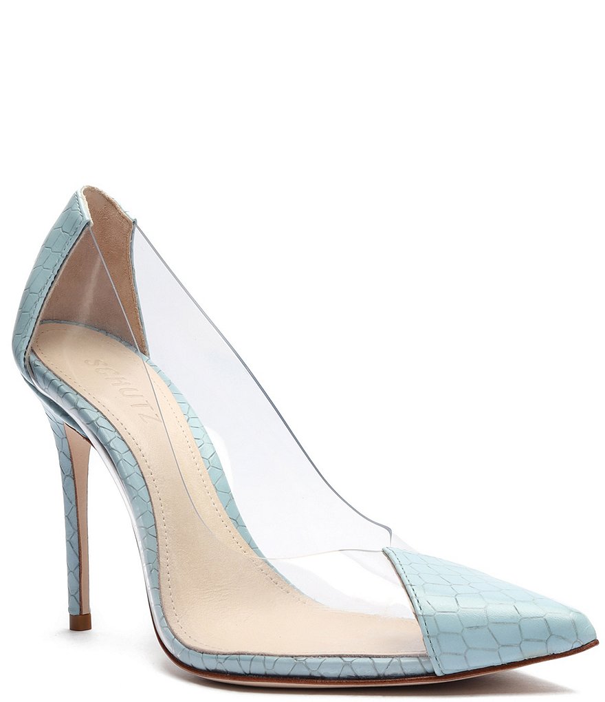 Schutz Cendi Snake Embossed Leather Clear Vinyl Pointed Toe Pumps