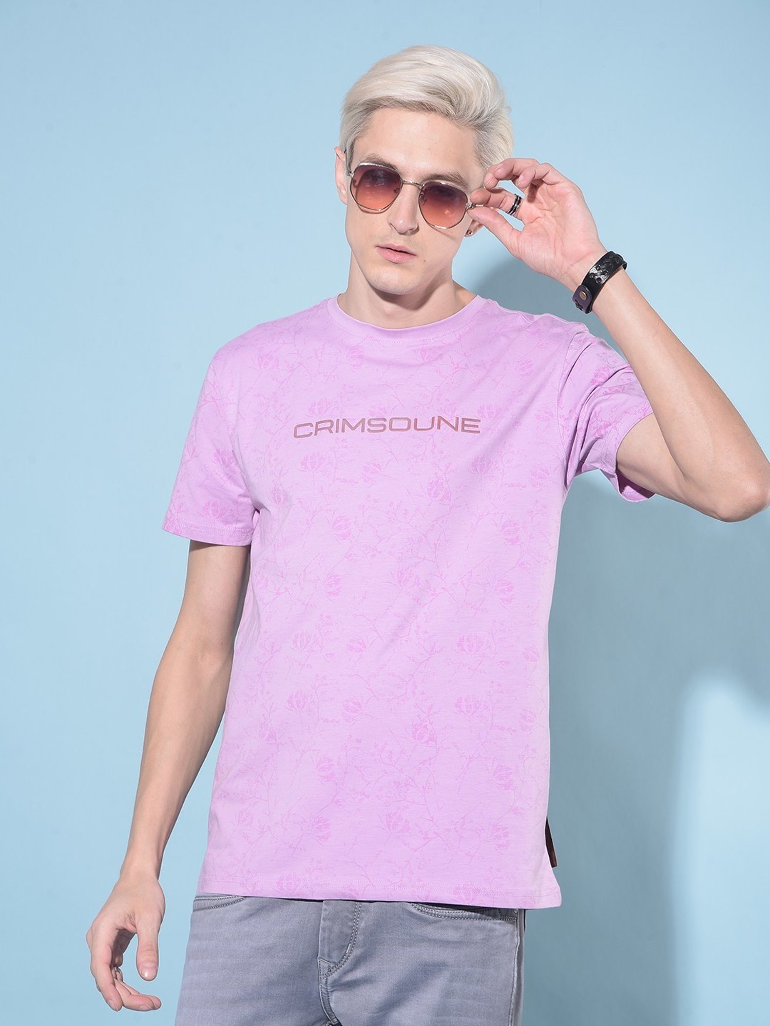 Crimsoune Club Purple Cotton Slim Fit Printed T-Shirt