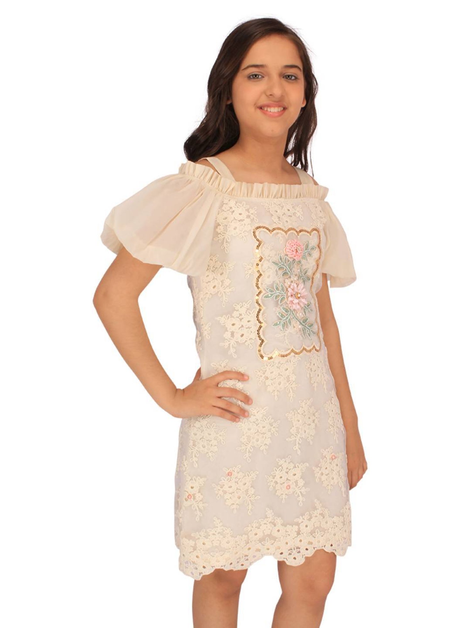 Cutecumber Kids Cream Embellished Shift Dress