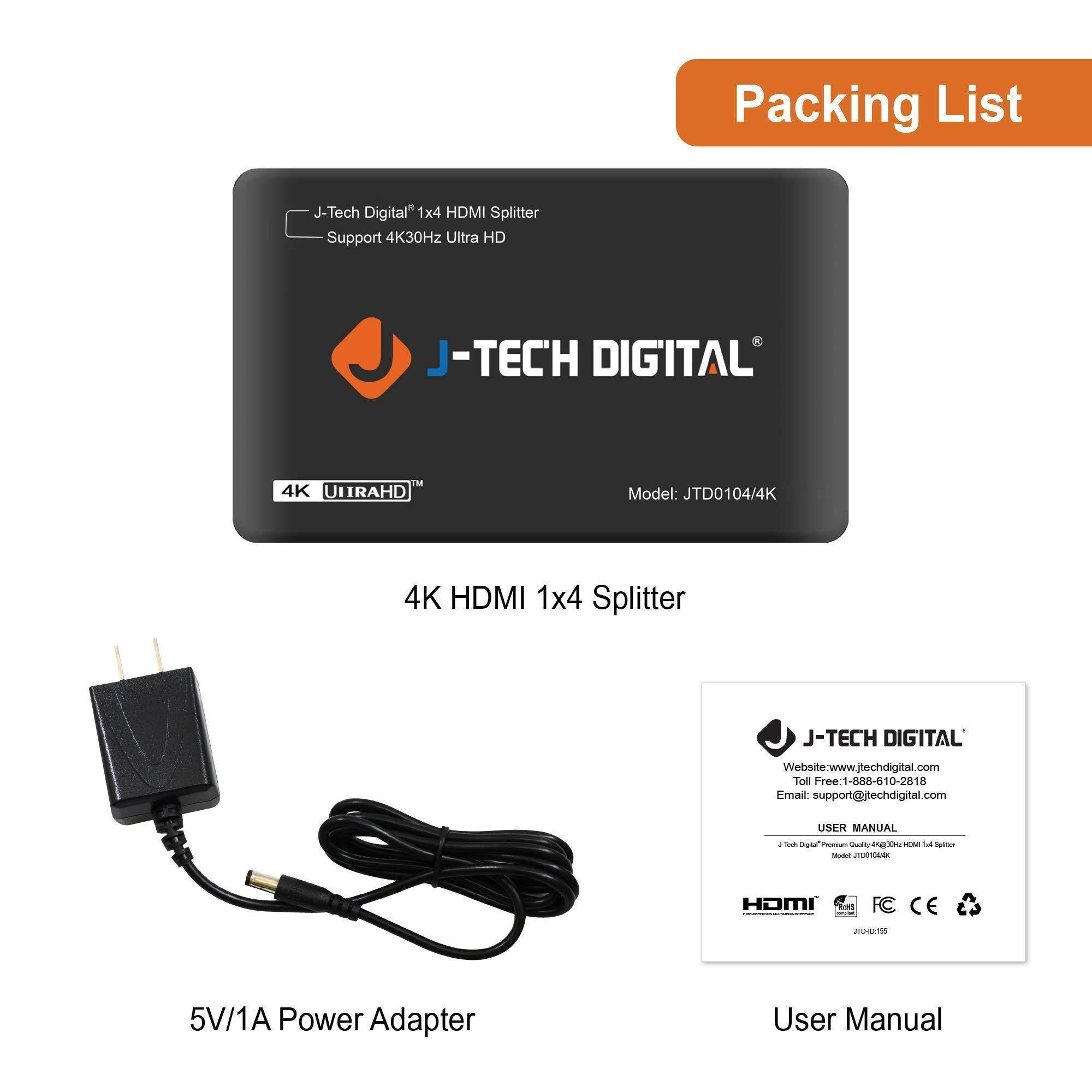J-Tech Digital JTD0104/4K Most Advanced 4 Ports HDMI 1X4 Powered Splitter Support Ultra HD 4K 3840 A 2160 Resolution and 3D