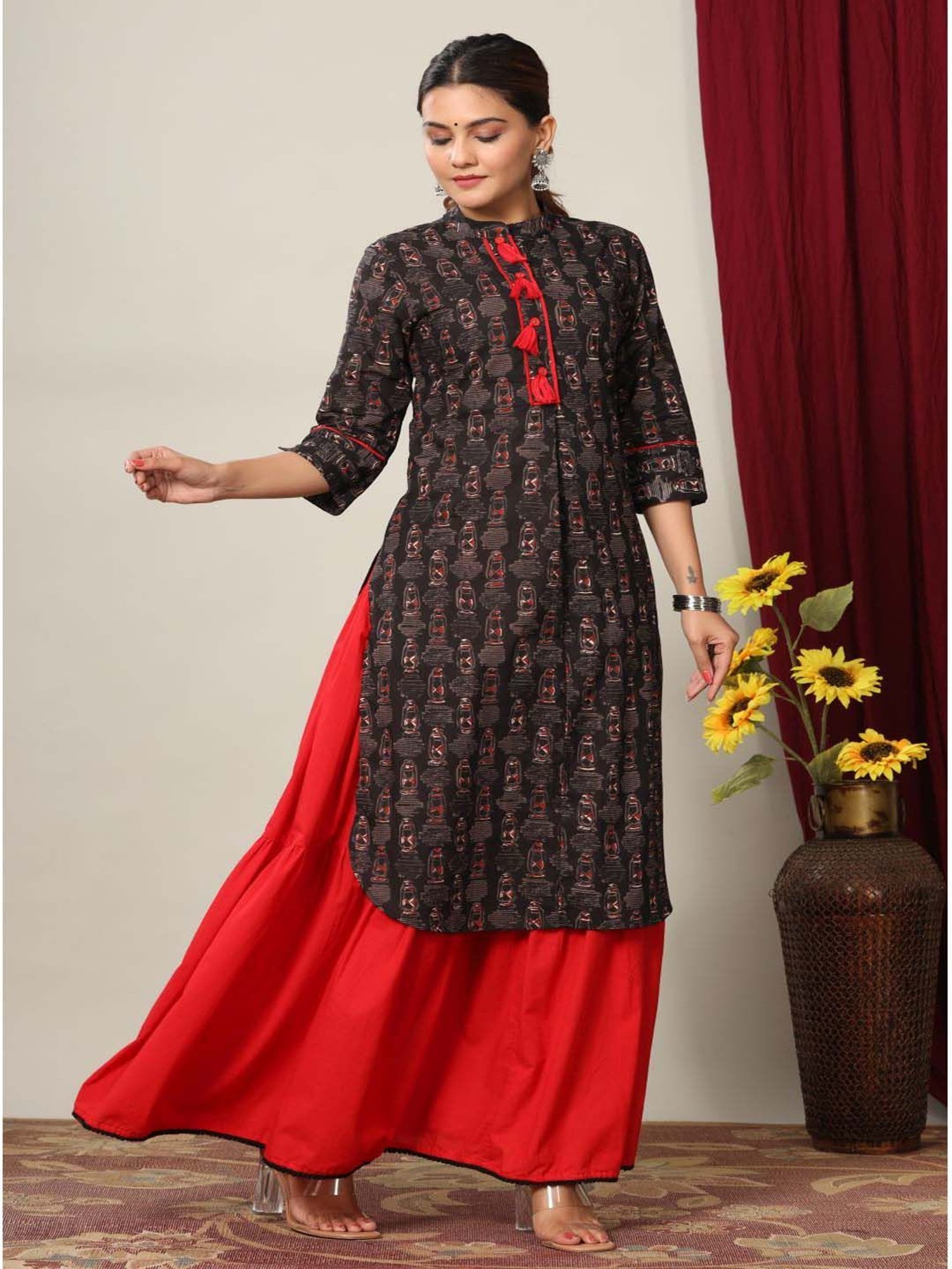 Miravan Black & Red Cotton Printed Kurta Palazzo Set