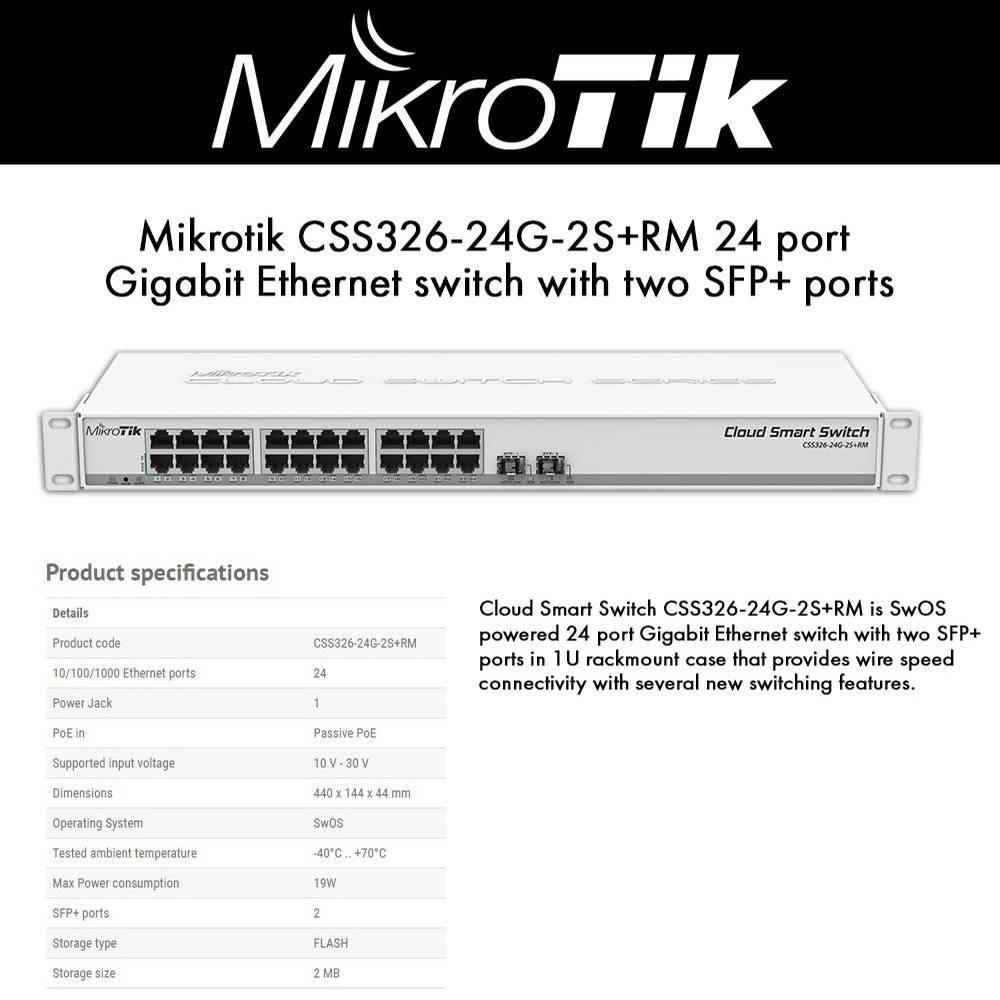 MikroTik - CSS326-24G-2S+RM - Cloud Smart Switch 326-24G-2S+RM with 24x Gigabit Ethernet ports, 2x SFP+ cages, 1U