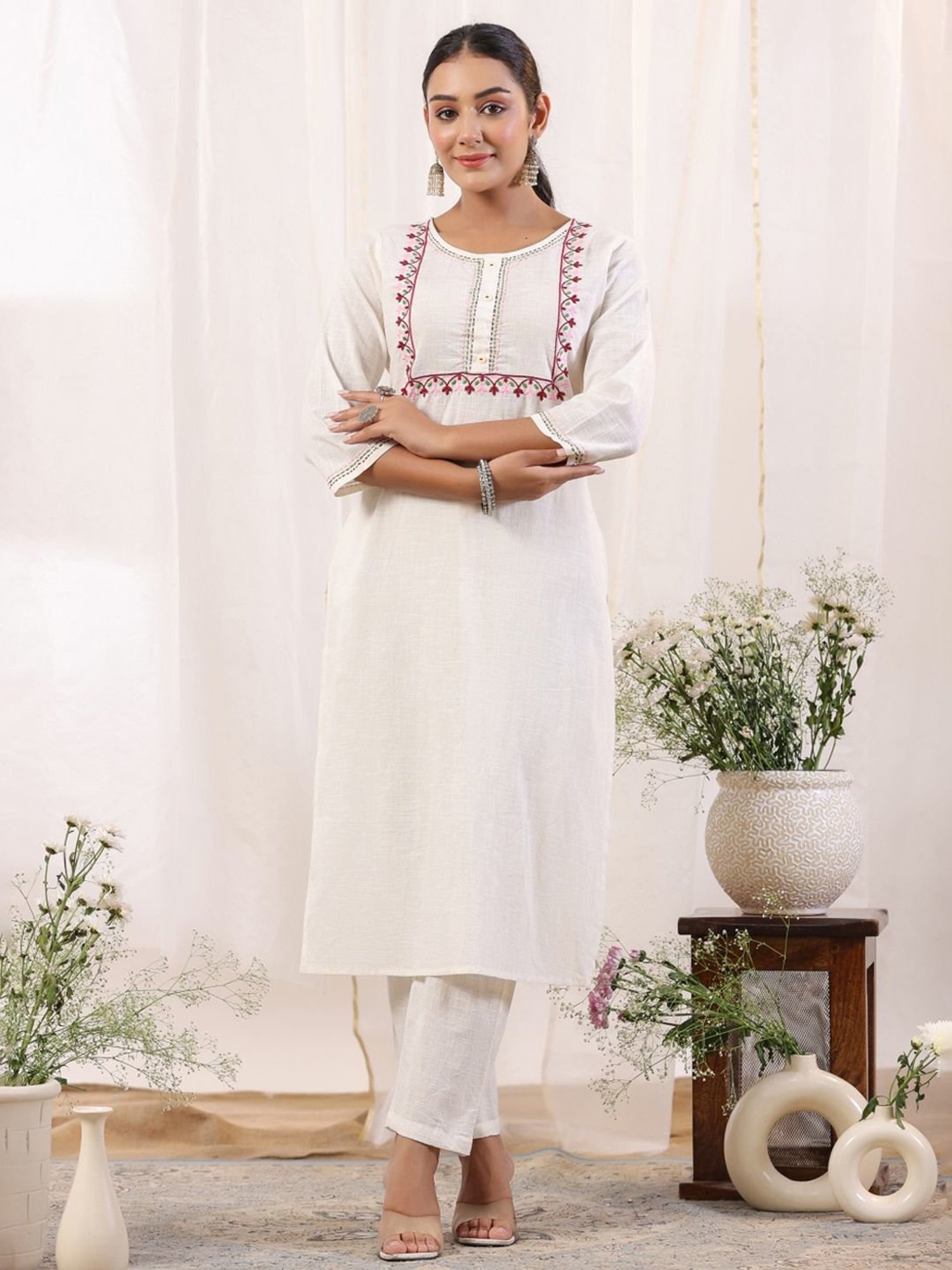 Anubhutee Off-White & Pink Cotton Embroidered Kurta Pant Set With Dupatta
