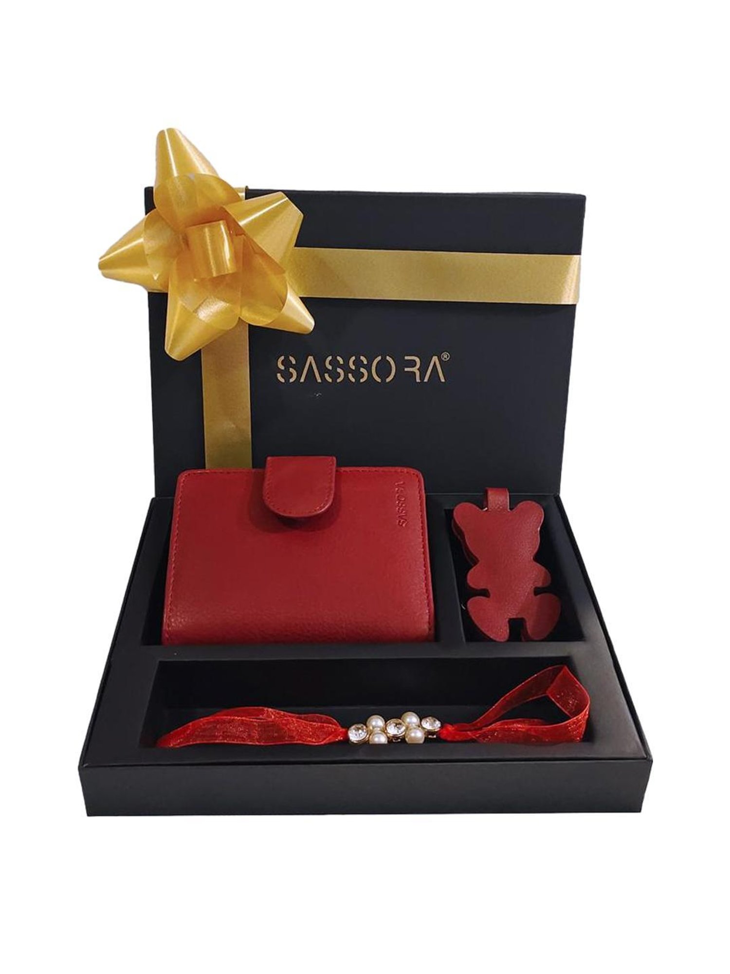 SASSORA Red Solid Rfid Wallet, Keychain & Rakhi Combo Set