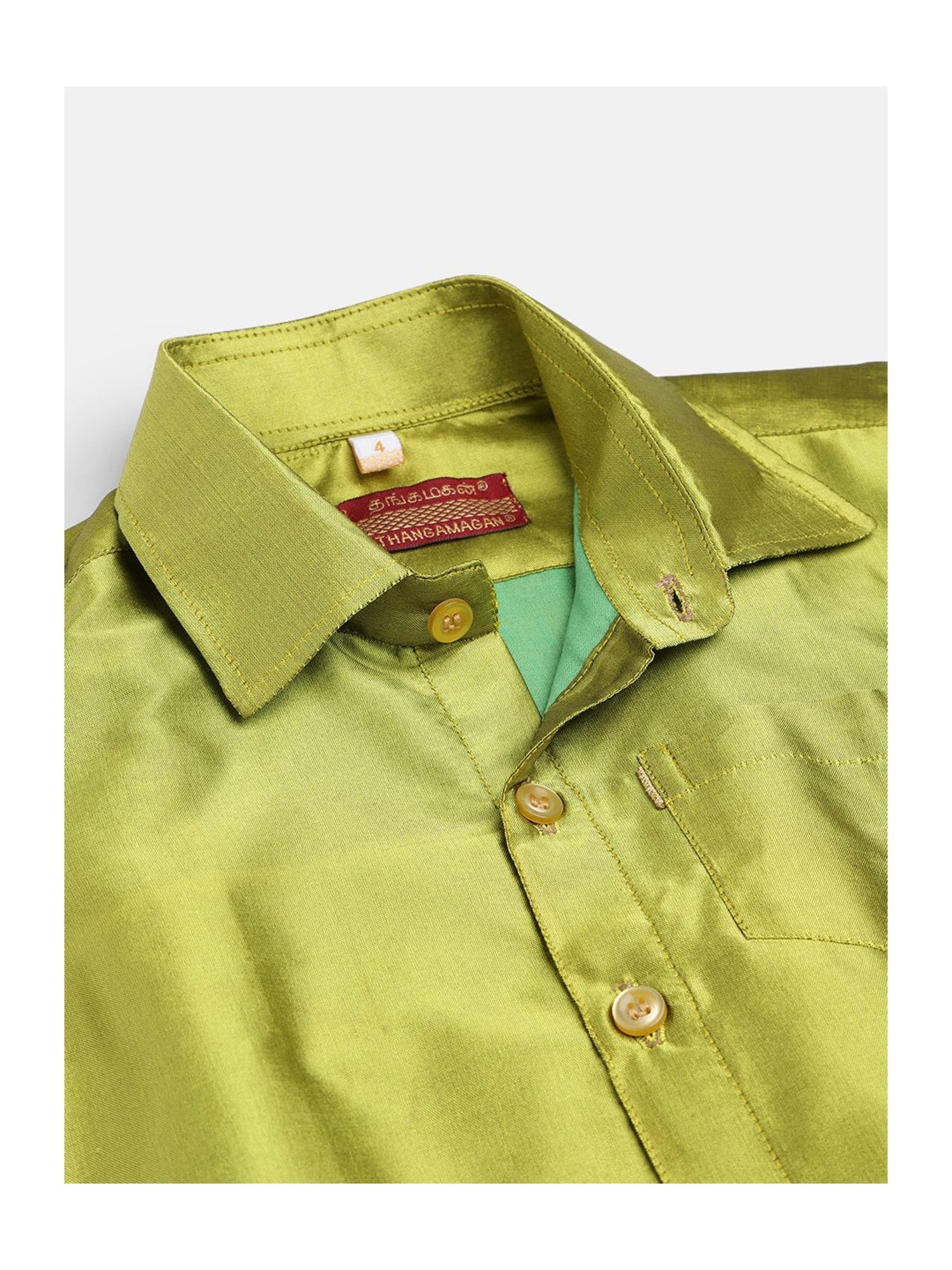 THANGAMAGAN Kids Olive & Cream Solid  Shirt,  Dhoti,  Towel With  Freebies Set