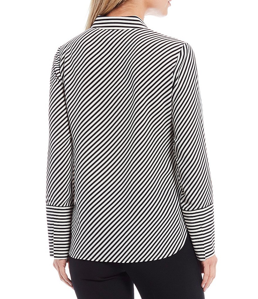 Anne Klein Point Collar Neck Long Cuff Sleeve Diagonal Stripe Button Down Crepe Blouse