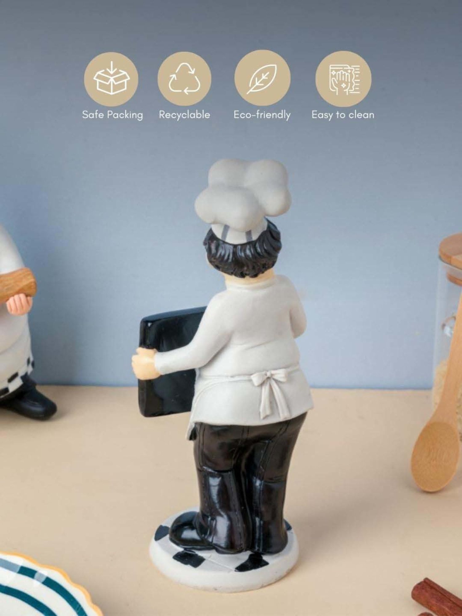 Nestasia Artisanal Black & White Resin Made MasterChef Decor Table Showpiece Holding Black Board