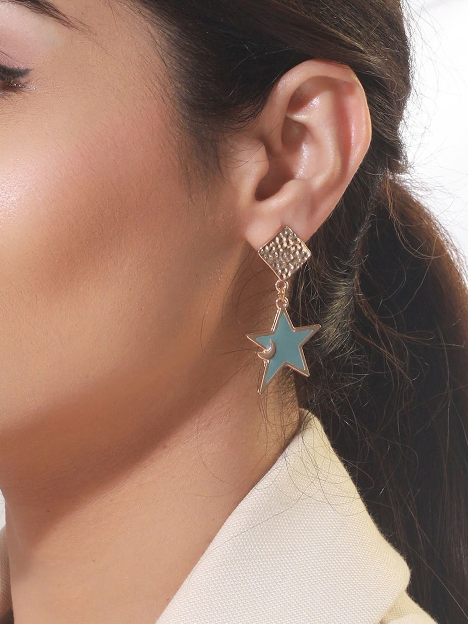 Priyaasi Rose Gold-Plated Textured Box Blue Star Dangler Earrings for Women