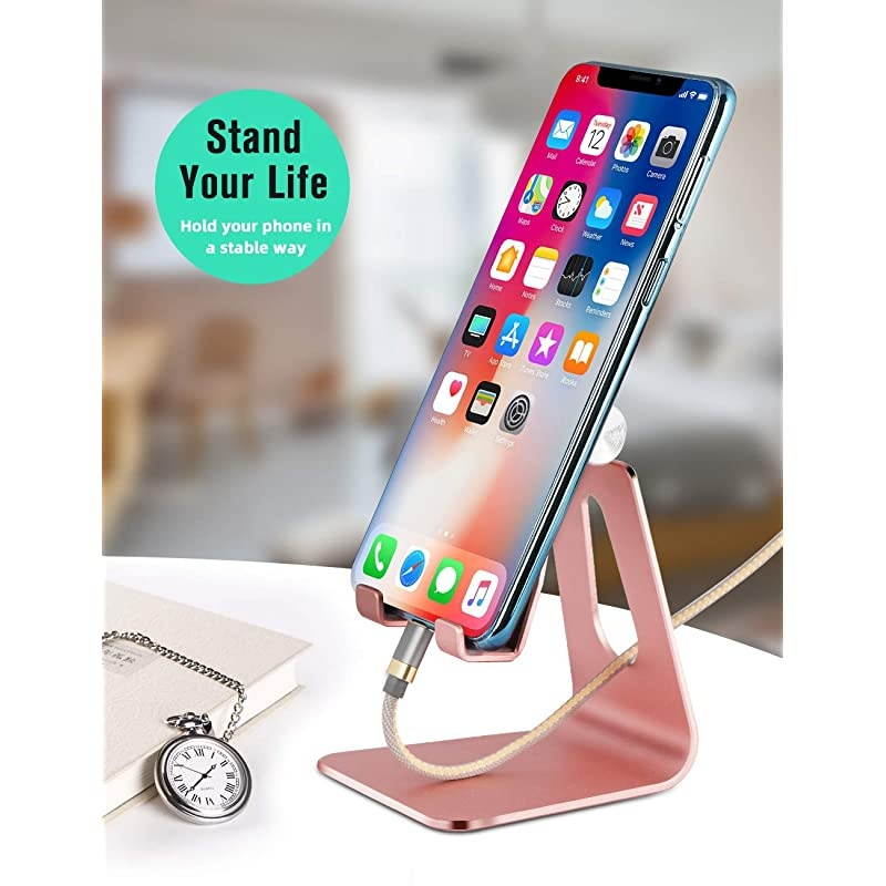 Adjustable Cell Phone Stand,  Phone Holder, Tablet Stand Dock, Aluminum Desktop Compatible with iPhone 12 iPad, Samsung Galaxy, Google Pixel All Smart Phone/Tablets Under 10 in-Rose Gold