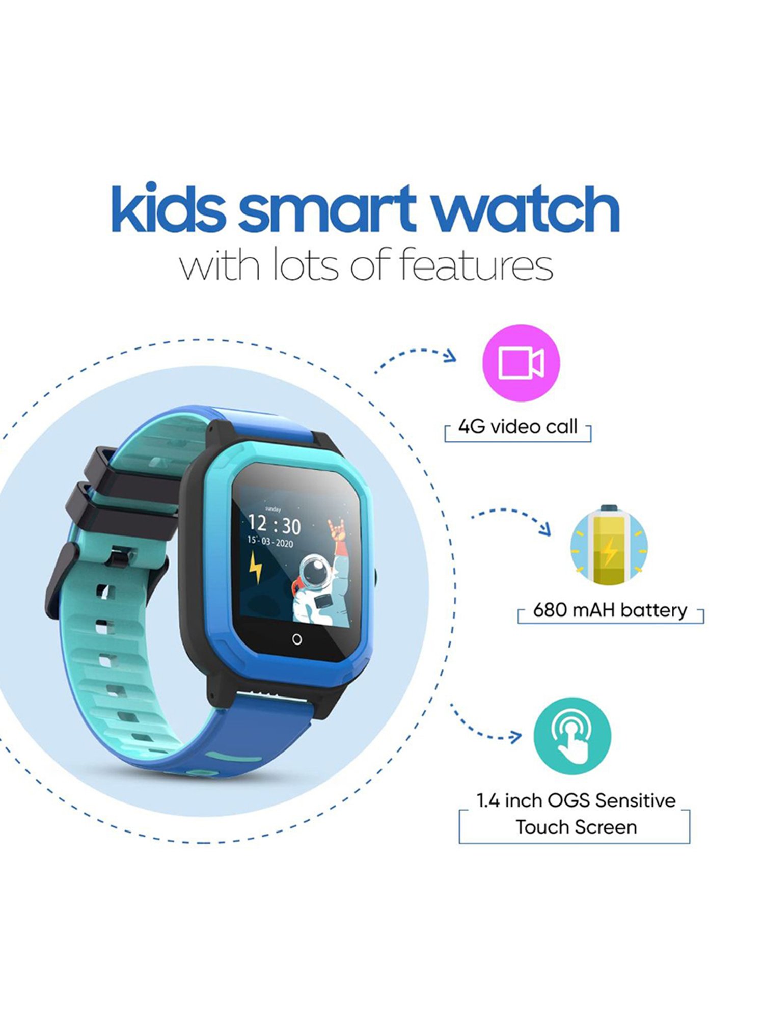 Turet Smartwatch for Kids with HD Display, Camera, SOS Button, Phone & Video Calling (Blue)