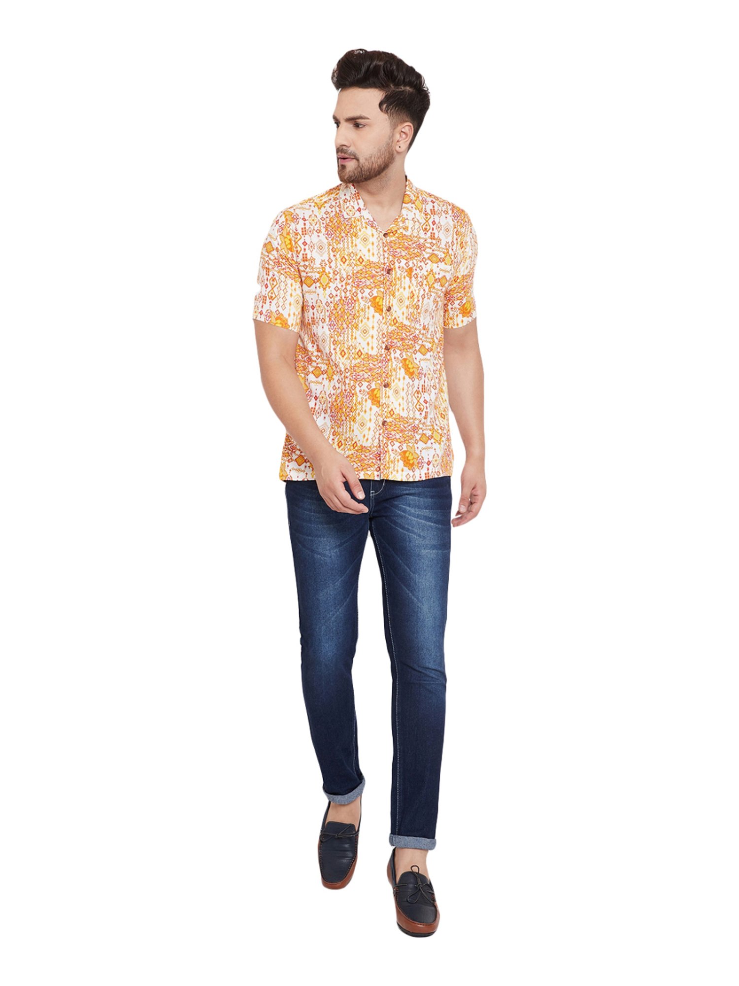 Even Yellow Slim Fit Printed Shirt