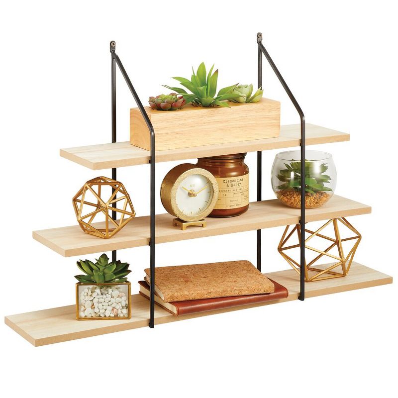 mDesign Wide Metal Wall Mount Storage Organizer Display Shelf - Black/Wood