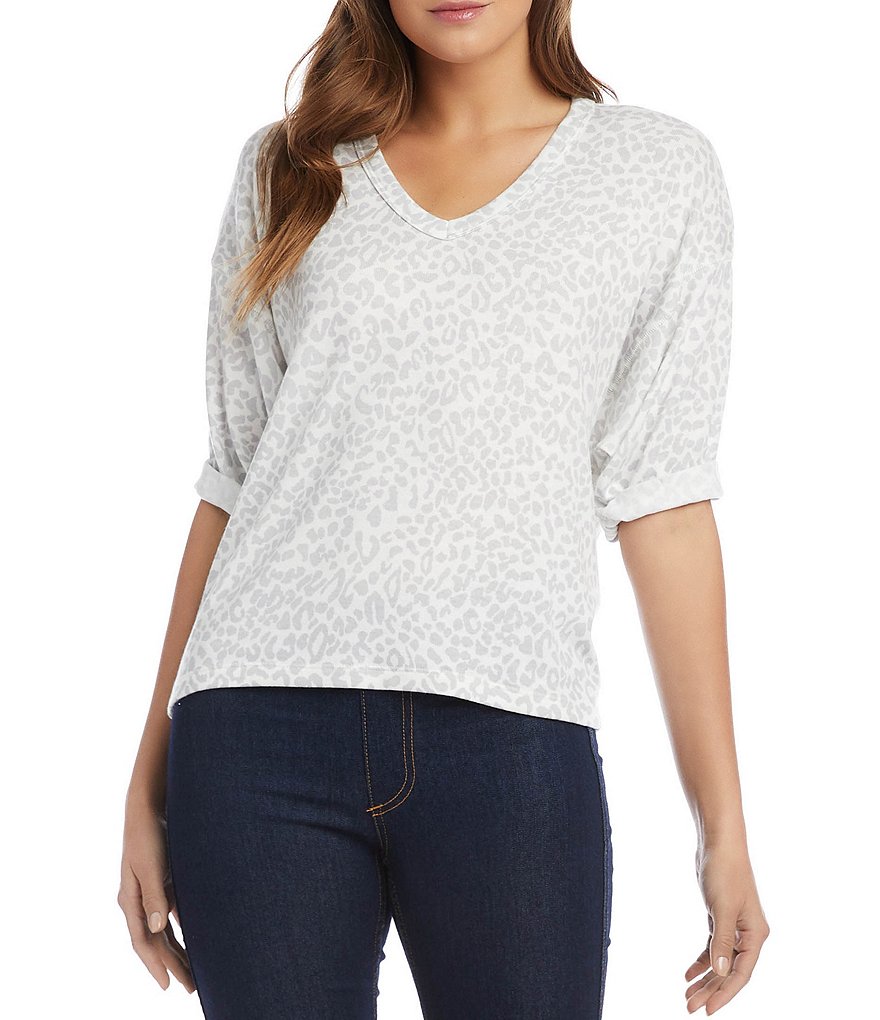 Ali Miles Petite Size Long Roll-Tab Sleeve Round V-Neck Pucker Knit Asymmetrical Tunic