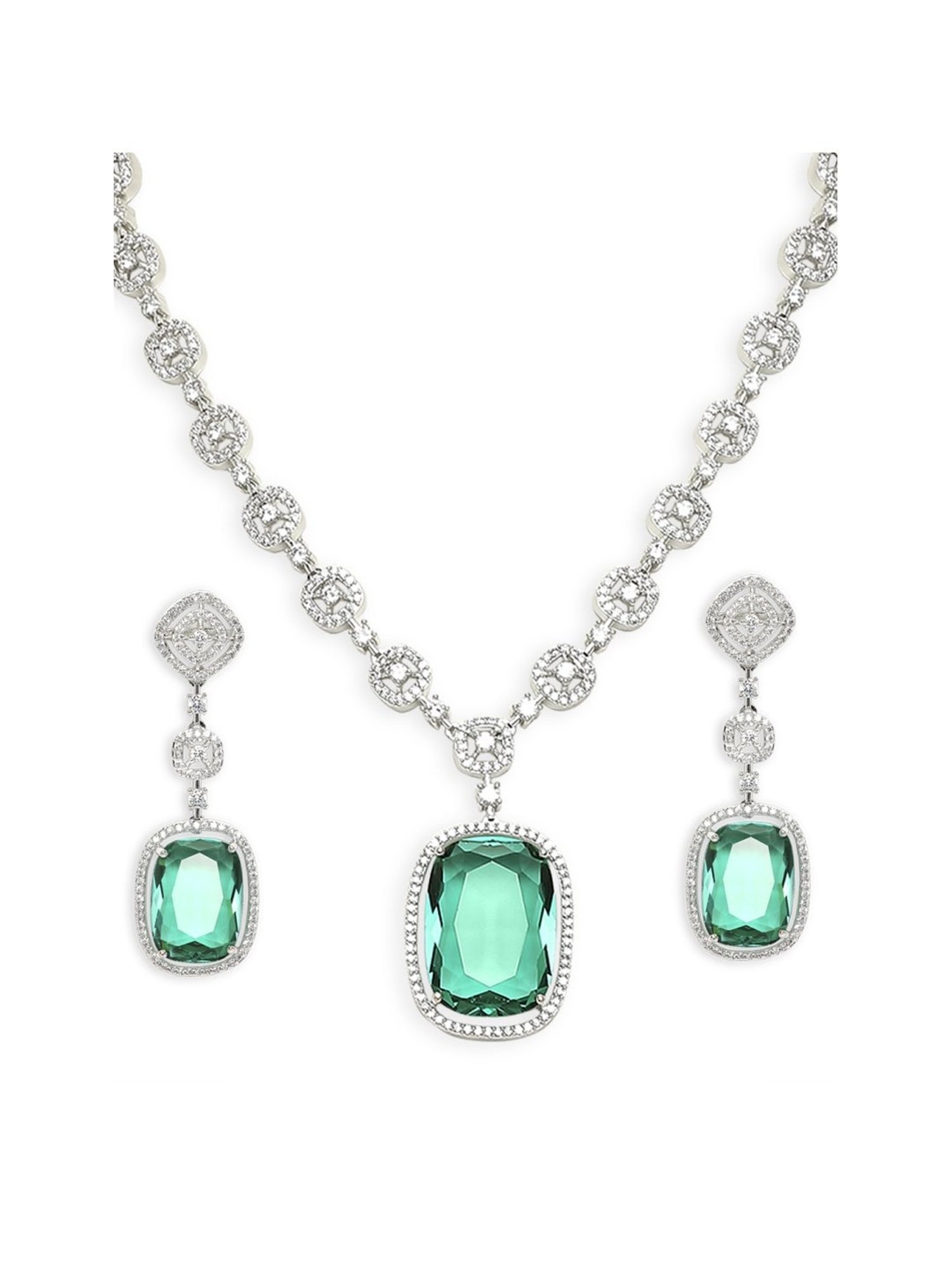 OOMPH Green American Diamond Large Rectangle Drop Pendant Necklace Set with Earrings
