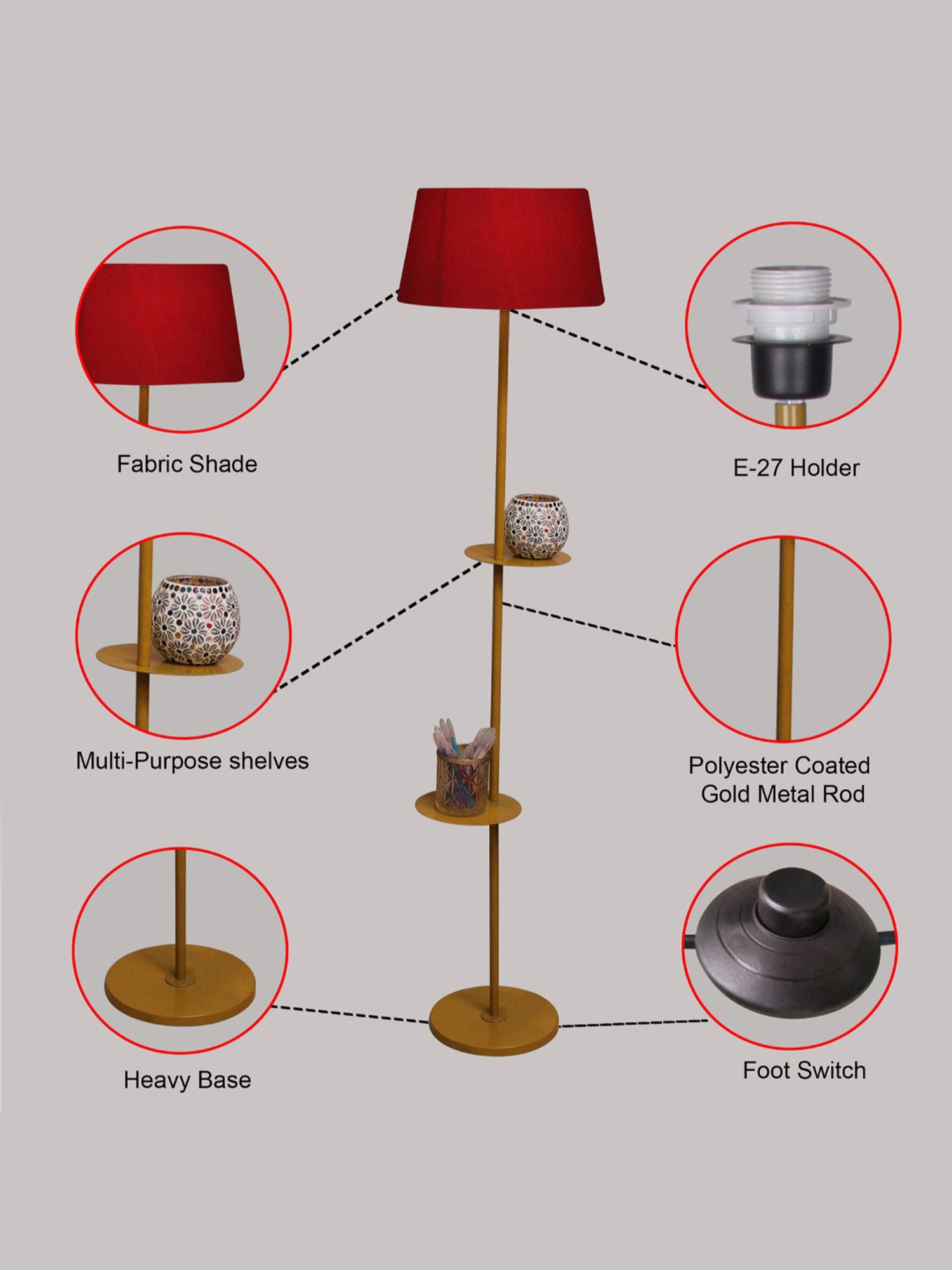 Homesake 'Duo Shelf' Red & Golden Metal Tall Floor Lamp With Shade & Bulb - Set of 1