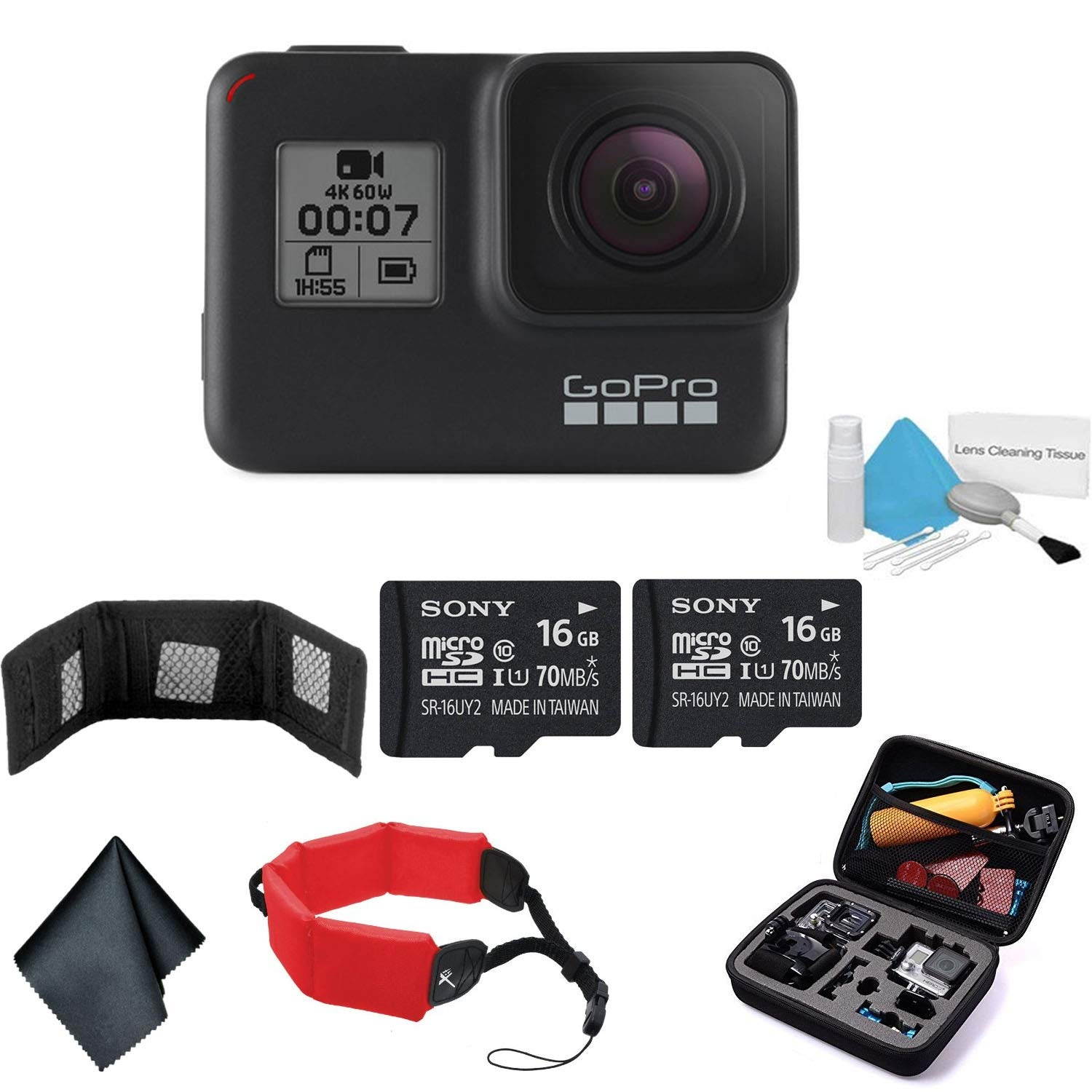 GoPro HERO7 (Black) Waterproof Digital Action Camera with Touch Screen 4K HD Video 12MP Photos Live Streaming Stabilization - Bundle with 2X 16GB Memory Cards + Floating Strap + More