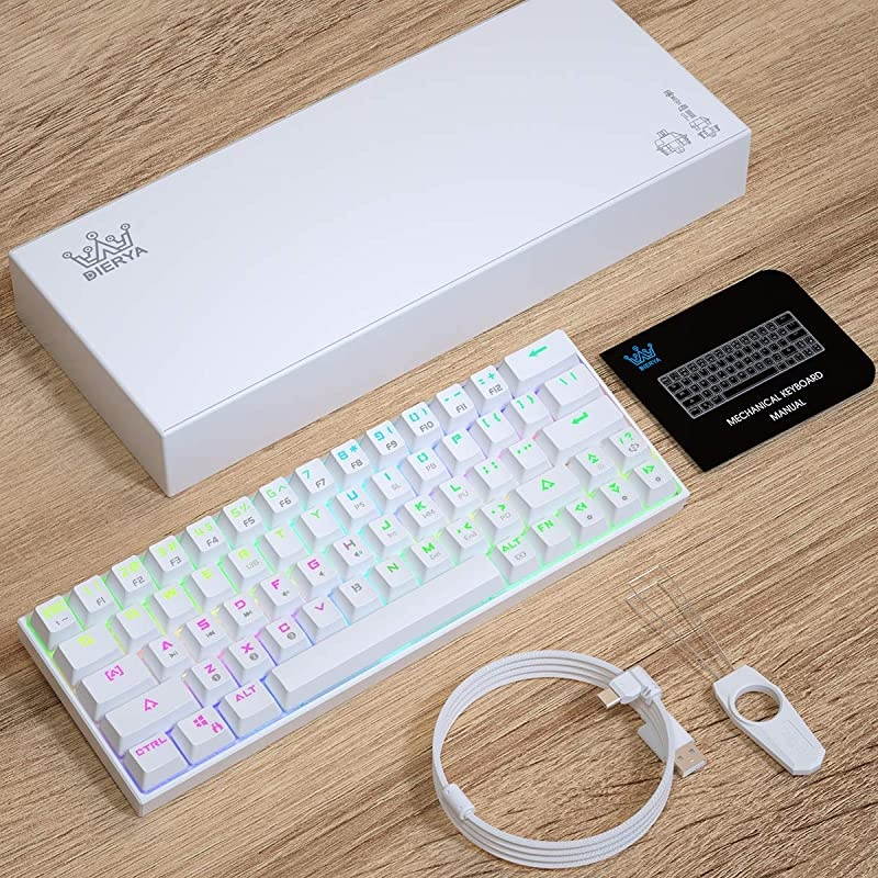 60% Keyboard with Dedicated Arrow Keys, White  DK63W Wireless Wired Mechanical Gaming Computer Keyboard True RGB Backlit Bluetooth 4.0 Programmable, N-Key Rollover for Windows Mac - Red Switch