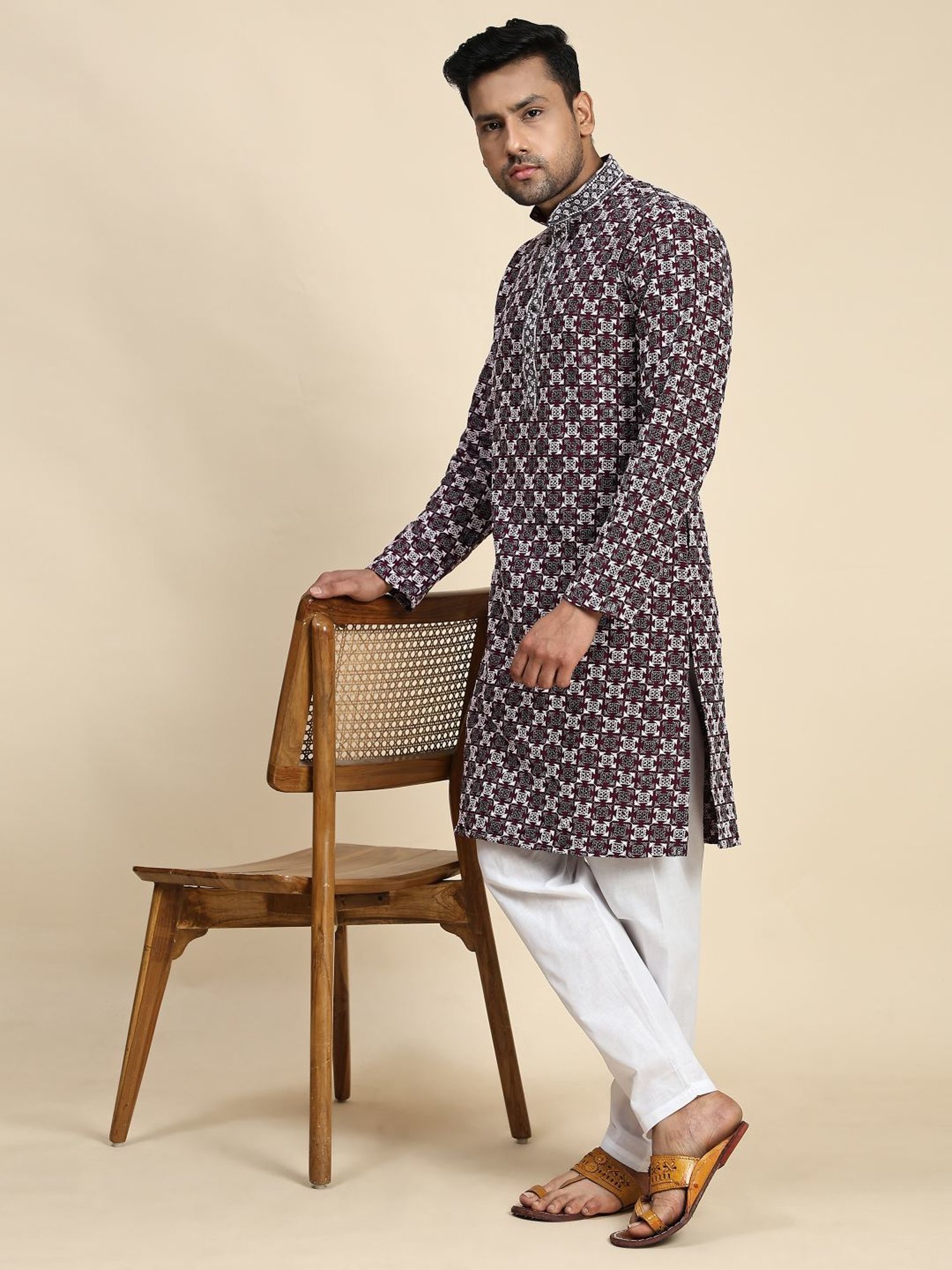 Pro-Ethic Style Developer Wine & White Cotton Regular Fit Embellished Kurta Bottom Set