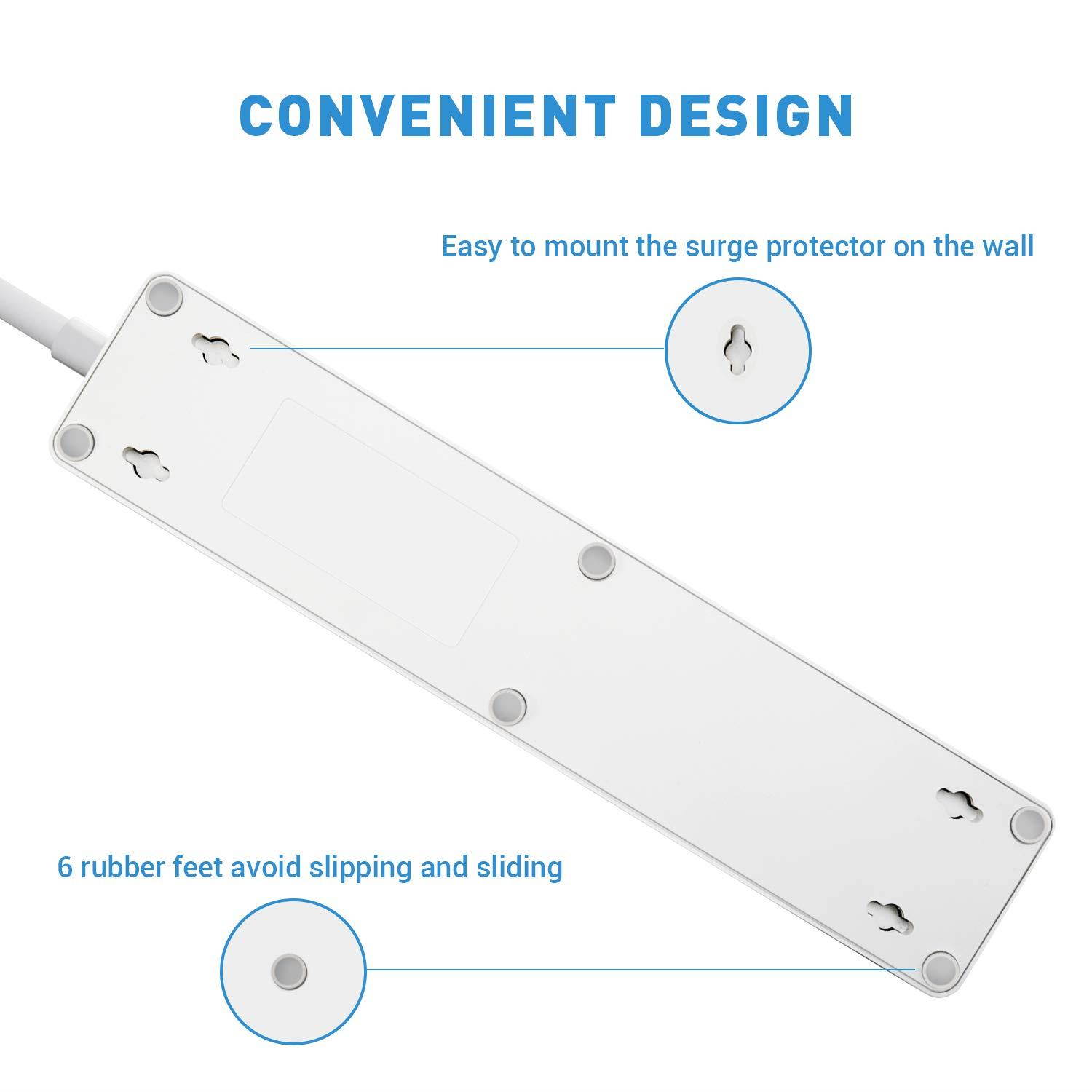 Etekcity 3-Outlet Surge Protector Power Strip with 4 USB Charging Ports, 5610 Joules,6 Ft Long Cord & Mounting Holes, 750? Flame-Retardant, FCC ETL Listed, White (Upgrade Version)