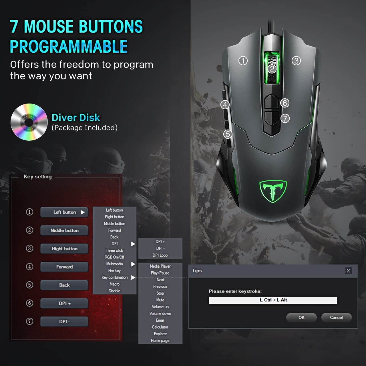 PICTEK Gaming Mouse Wired [7200 DPI] [Programmable] [Breathing Light] Ergonomic USB Computer Mice RGB Laptop PC Gaming Mouse 7 Buttons for Windows 7/8/10/XP Vista Linux Grey