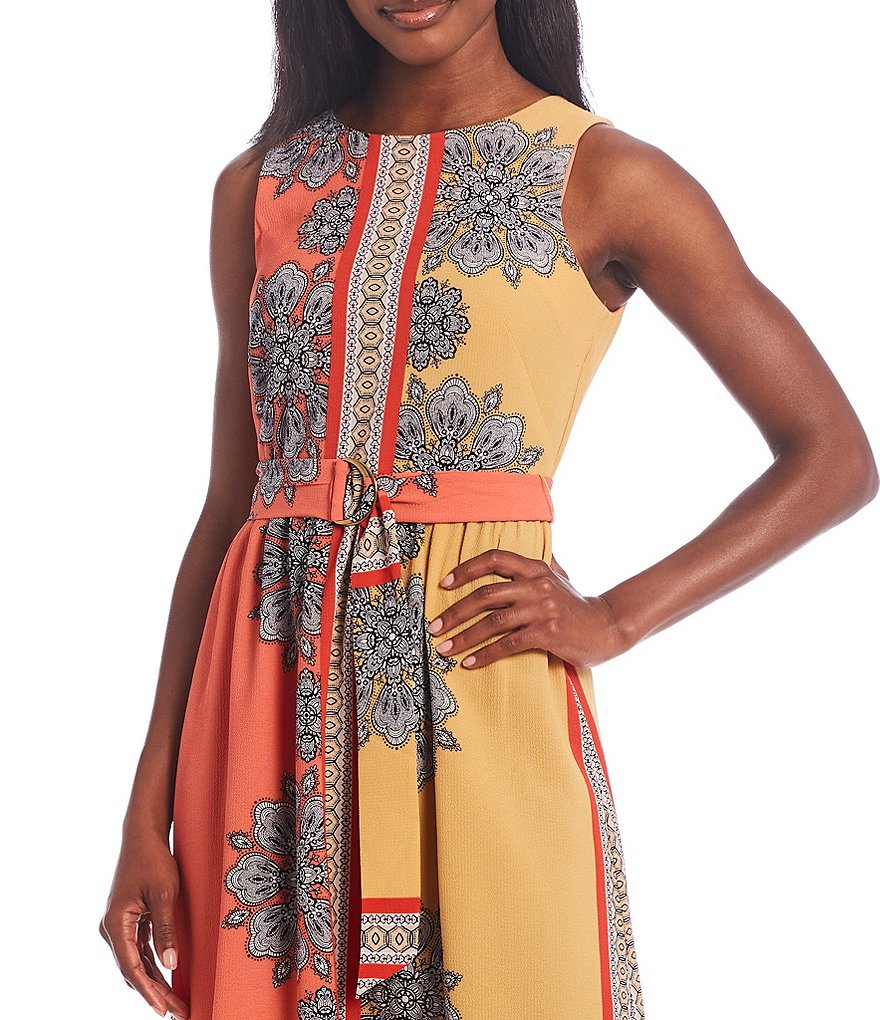 Maison Tara Printed Crepe Belted Round Neck Sleeveless D-Ring Belt A-Line Dress