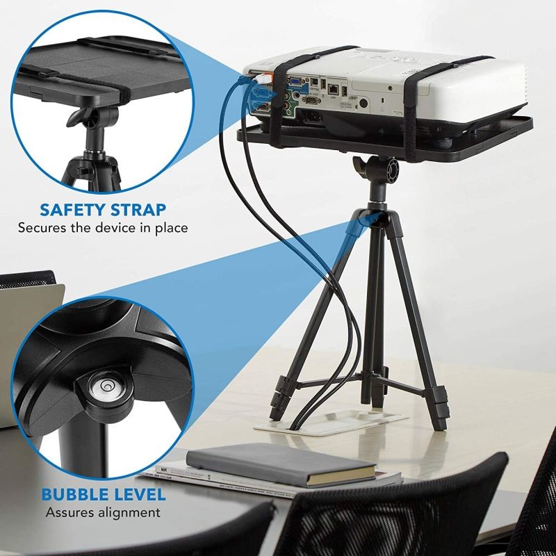 Projector Tripod Stand - Tilting Tray Provides Perfect Viewing Angles | Stable on Carpet, Hardwood & Grass - Double Harness Straps Built in | Folding Projector Mount fits into Nylon Carrying Case