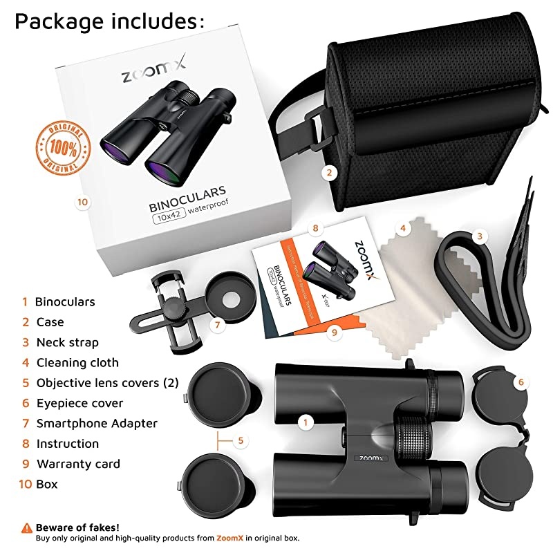 ZoomX Binoculars for Adults 10x42 Waterproof Lightweight Compact Binocular Prism BAK4 FMC Lens HD Binoculars for Bird Watching Hunting Traveling with Smartphone Adapter Carrying Bag Black