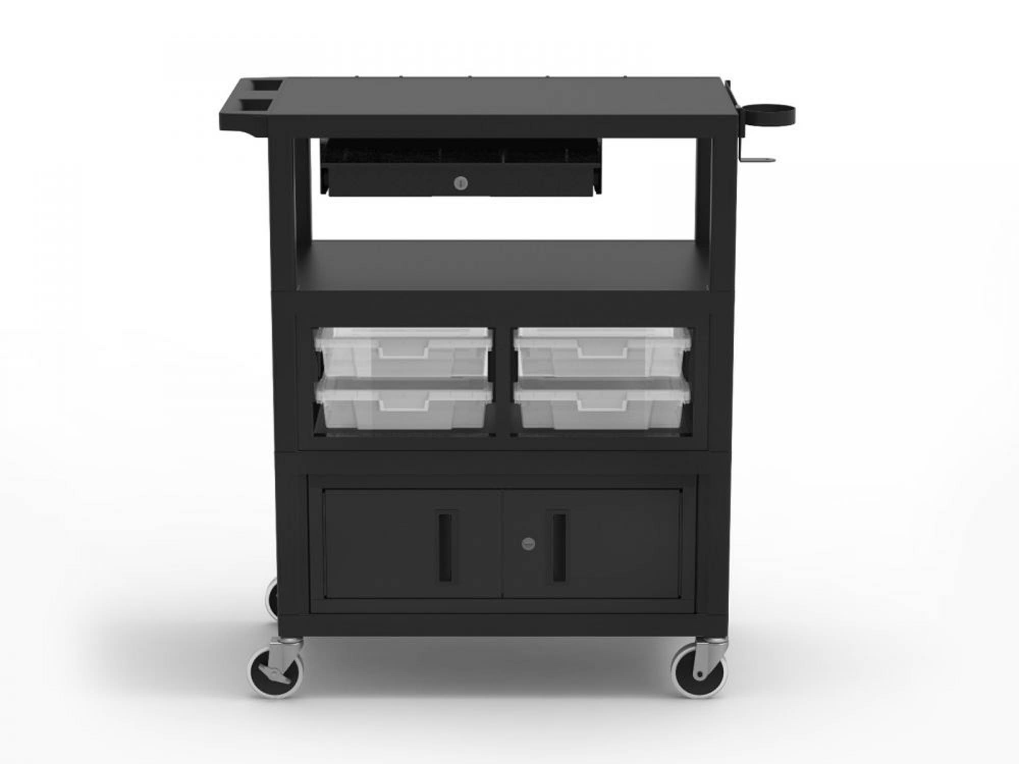 Luxor 32" x 18" Deluxe Teacher Utility Cart with Locking Cabinet, Storage Bins, Keyboard Tray, Pocket Chart Hooks and Cup Holder - Black