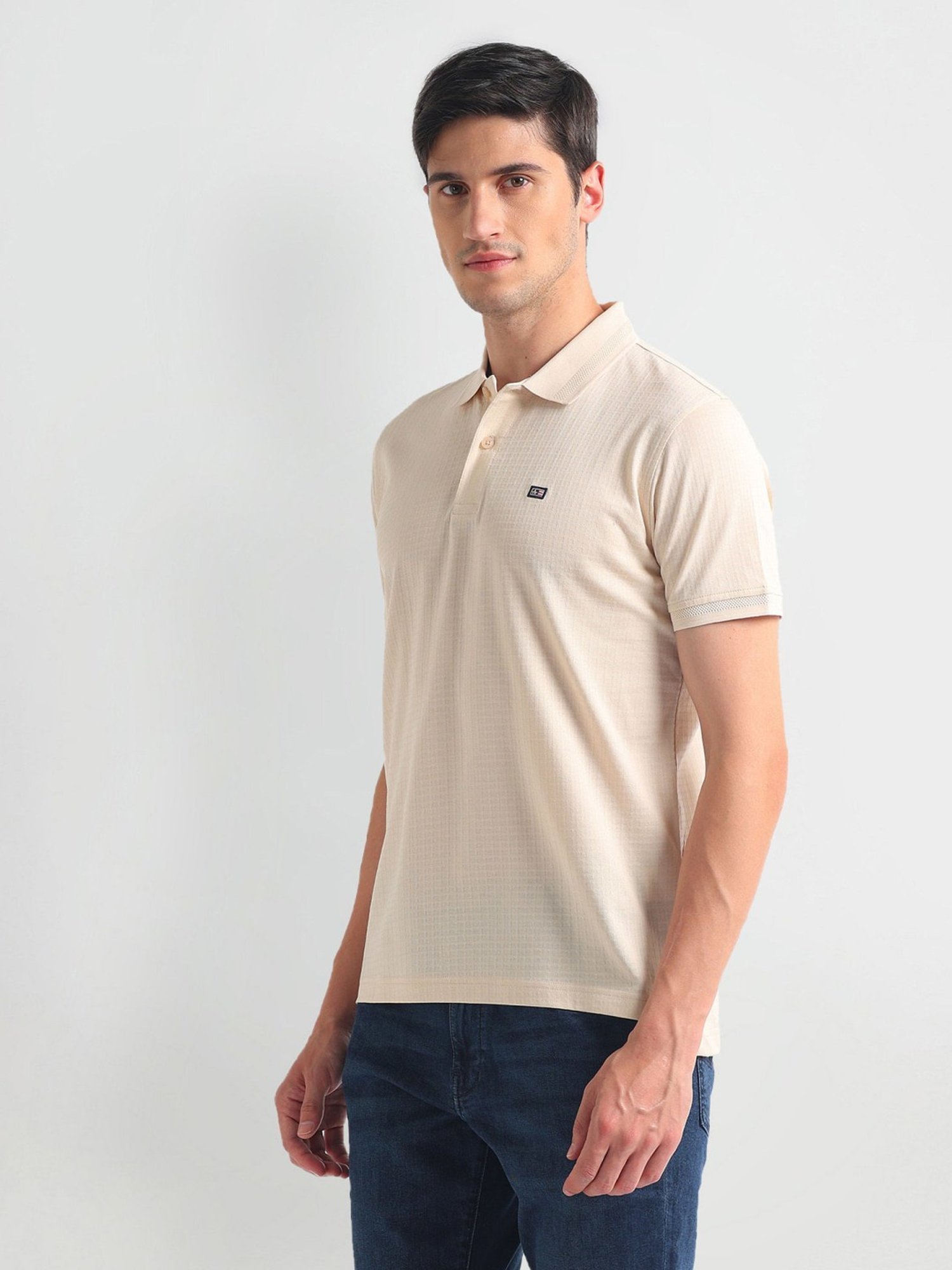 Arrow Sports Beige Cotton Regular Fit Self Pattern Polo T-Shirt