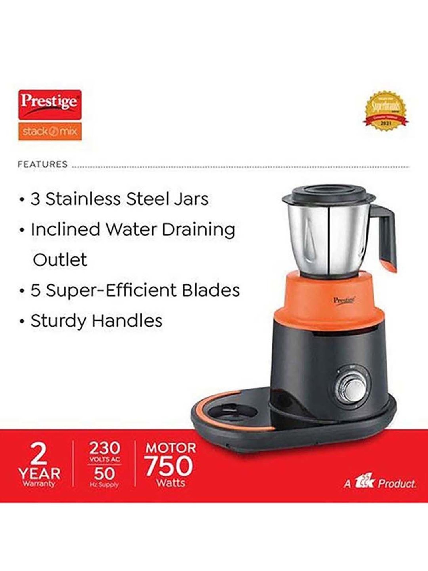 Prestige Stack-O-Mix 750W 3 Jars Mixer Grinder (Orange/Black)