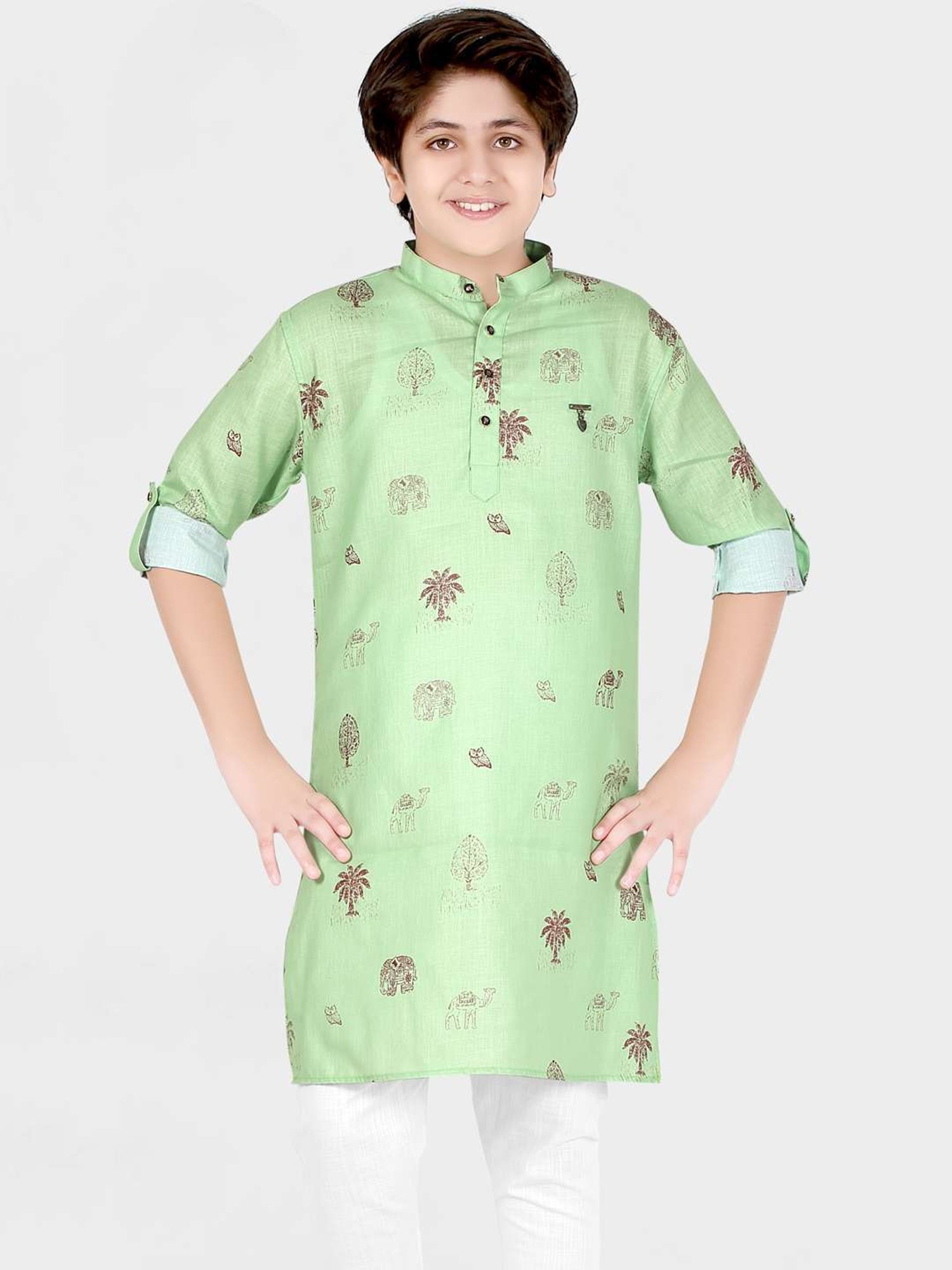 Cavio Kids Green & White Cotton Printed Full Sleeves Kurta Set