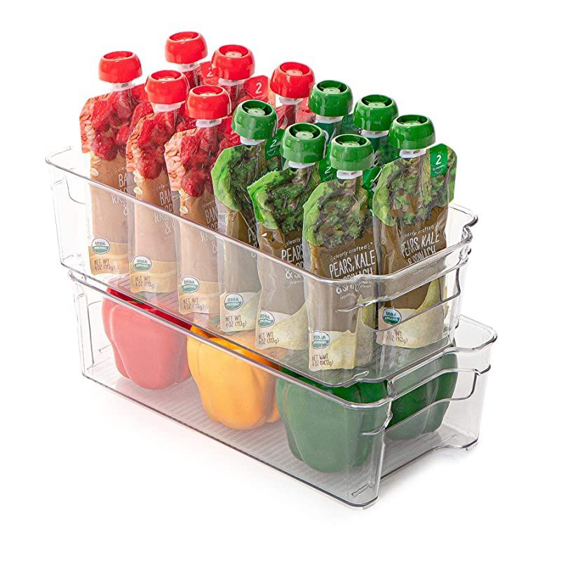 Stackable Refrigerator Bin 6 x 12 Inch wHandle BPA Free Polyethylene for Fridge Freezer Pantry Organization Kitchen Clear Set of 4