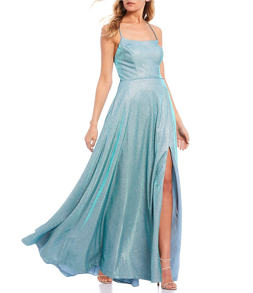 Morgan & Co. Spaghetti Strap Lace-Up Back High Side Slit Shimmer Shine Ball Gown