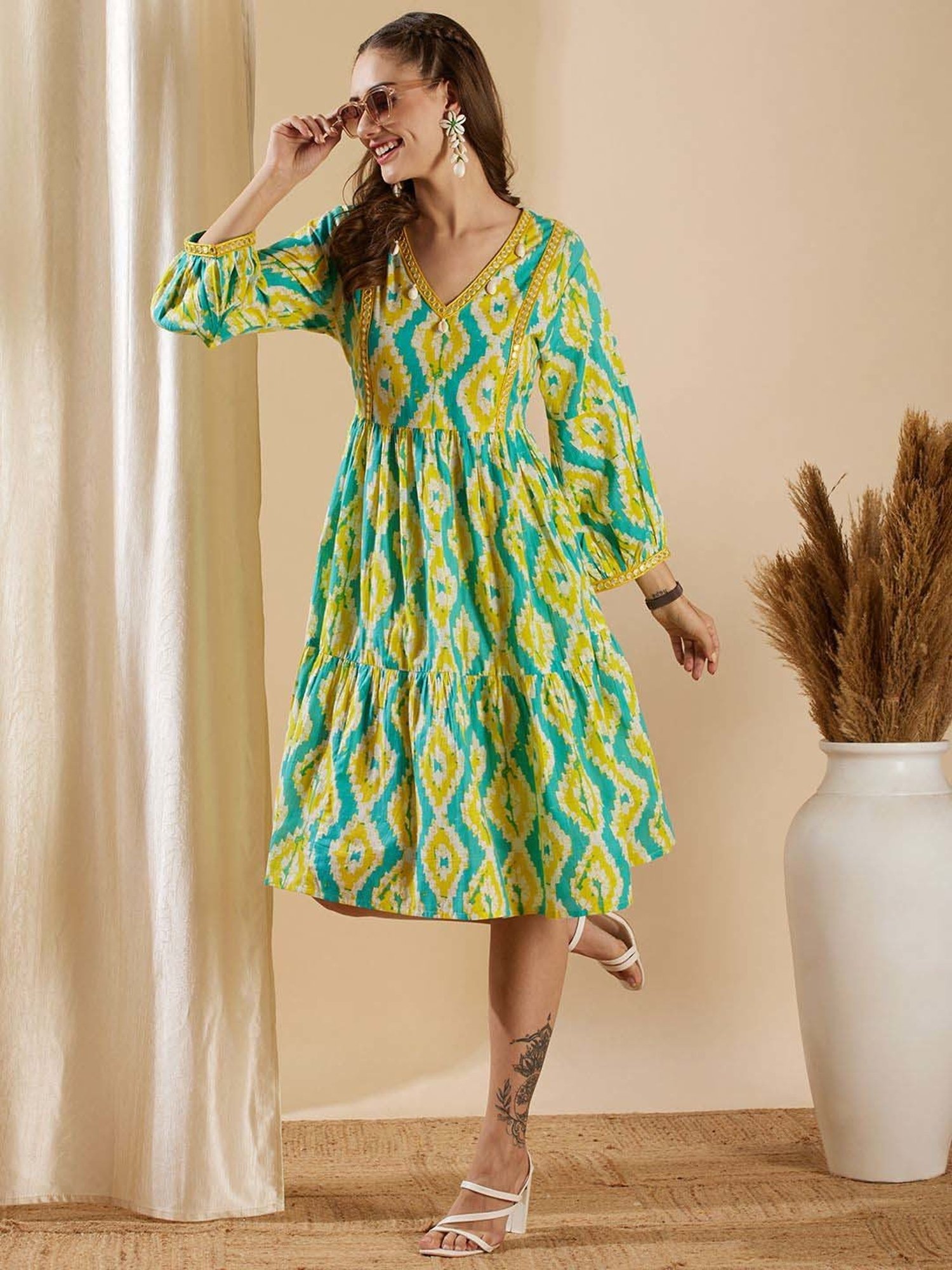 Fashor Blue & Yellow Cotton Printed A-Line Dress