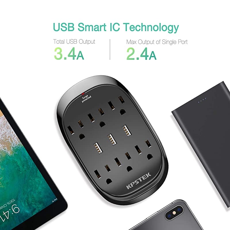 Protector 2 Pack KPSTEK 6Outlet Multi Plug Outlet Extender with 3 USB Ports 34A Total Wall Plug Adapter for Home Office and Dorm Room Black KS3336F