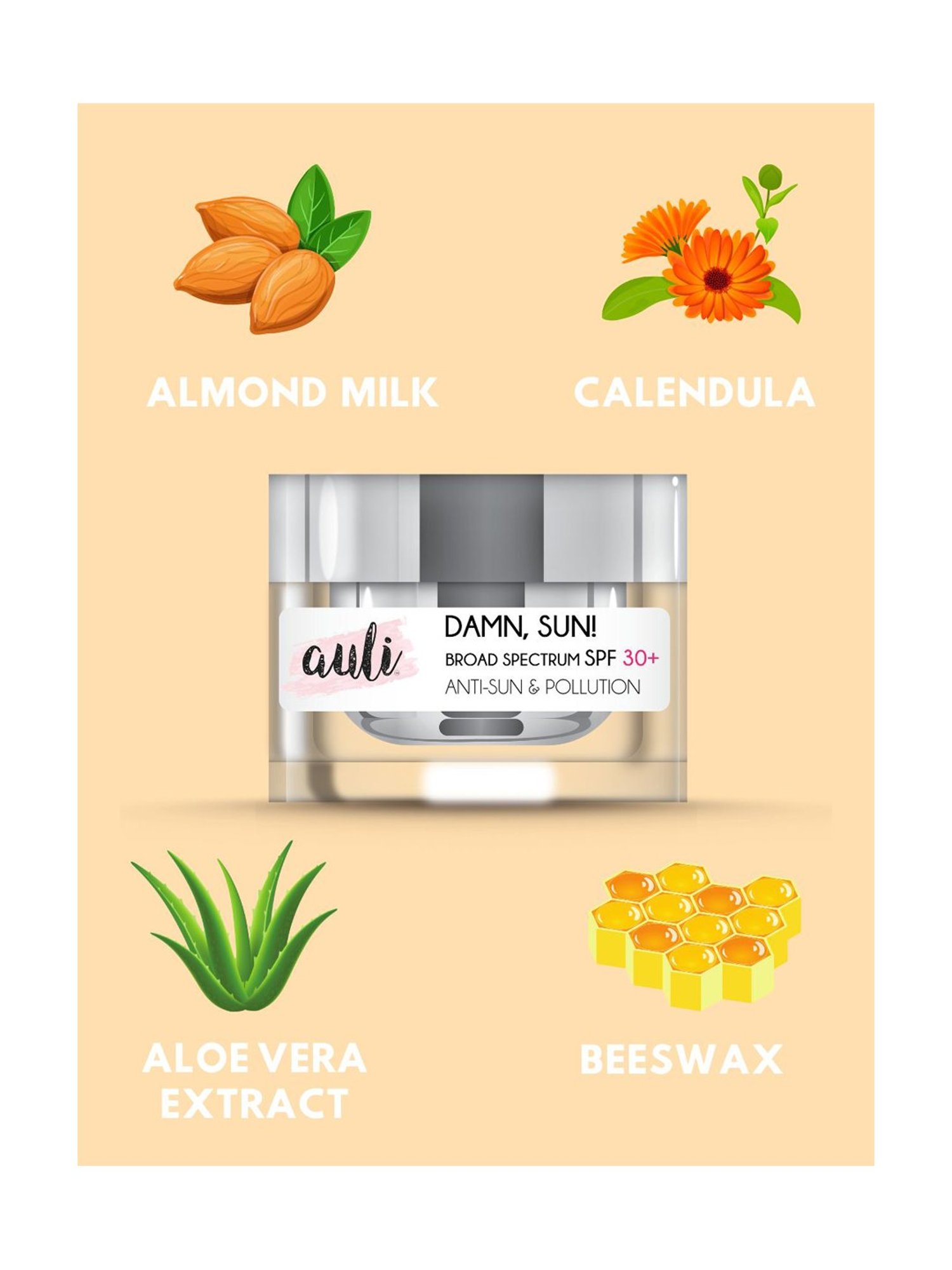 Auli Damn Sun SPF 30 Broad Spectrum Sweat Proof Anti-Tan and Pollution Sunscreen - 60 gm