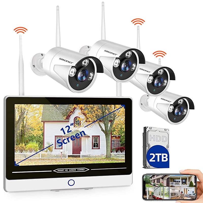 8CH Expandable? All in One with 12" LCD Monitor 1080P Wireless Security Camera System 2TB Hard Drive,  Indoor Outdoor Home Business CCTV Surveillance Systems,4pcs 2.0MP Bullet IP Cameras,IP66