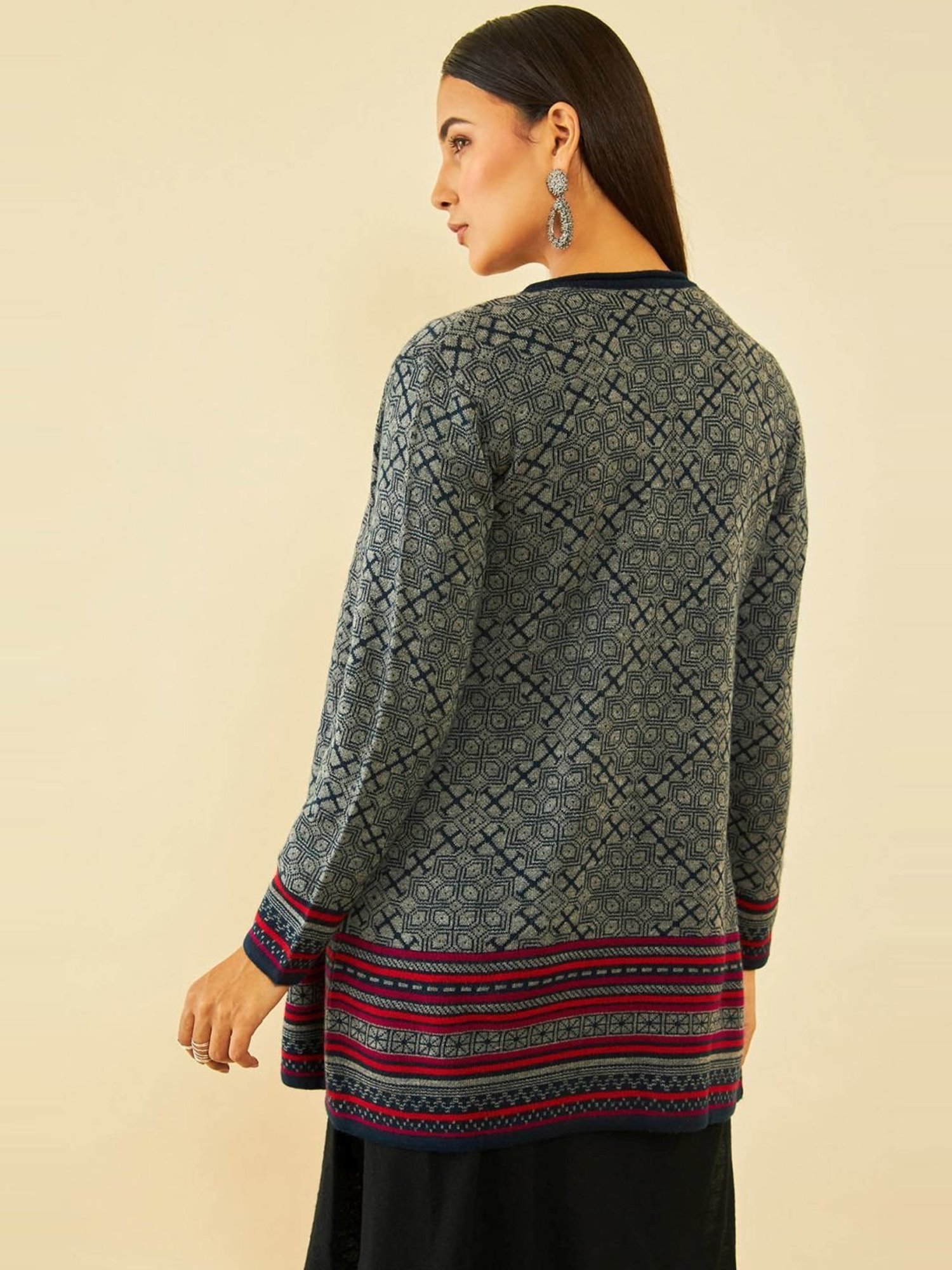 Soch Navy Blue Acrylic Ethnic Motifs Pattern Knitted Open-Front Longline Shrug