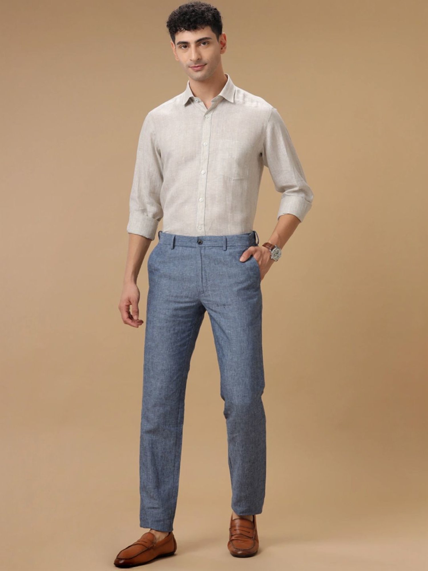 Linen Club Blue Linen Contemporary Fit Texture Trousers