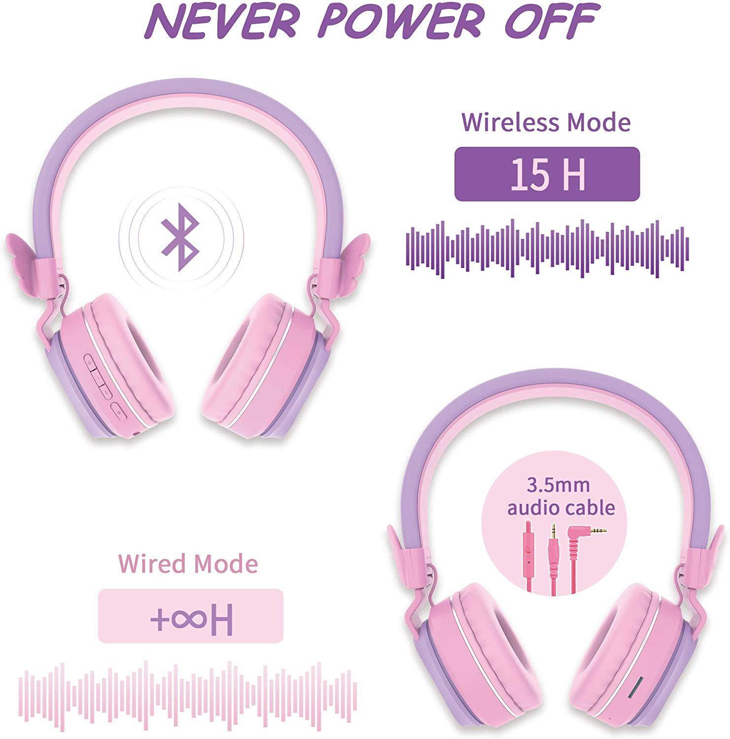 Riwbox BT05 Wings Kids Headphones Wireless Bluetooth Foldable Over Ear Headset with Volume Limited and Mic/TF Card Compatible for iPad/iPhone/Tablet (Purple&Pink)